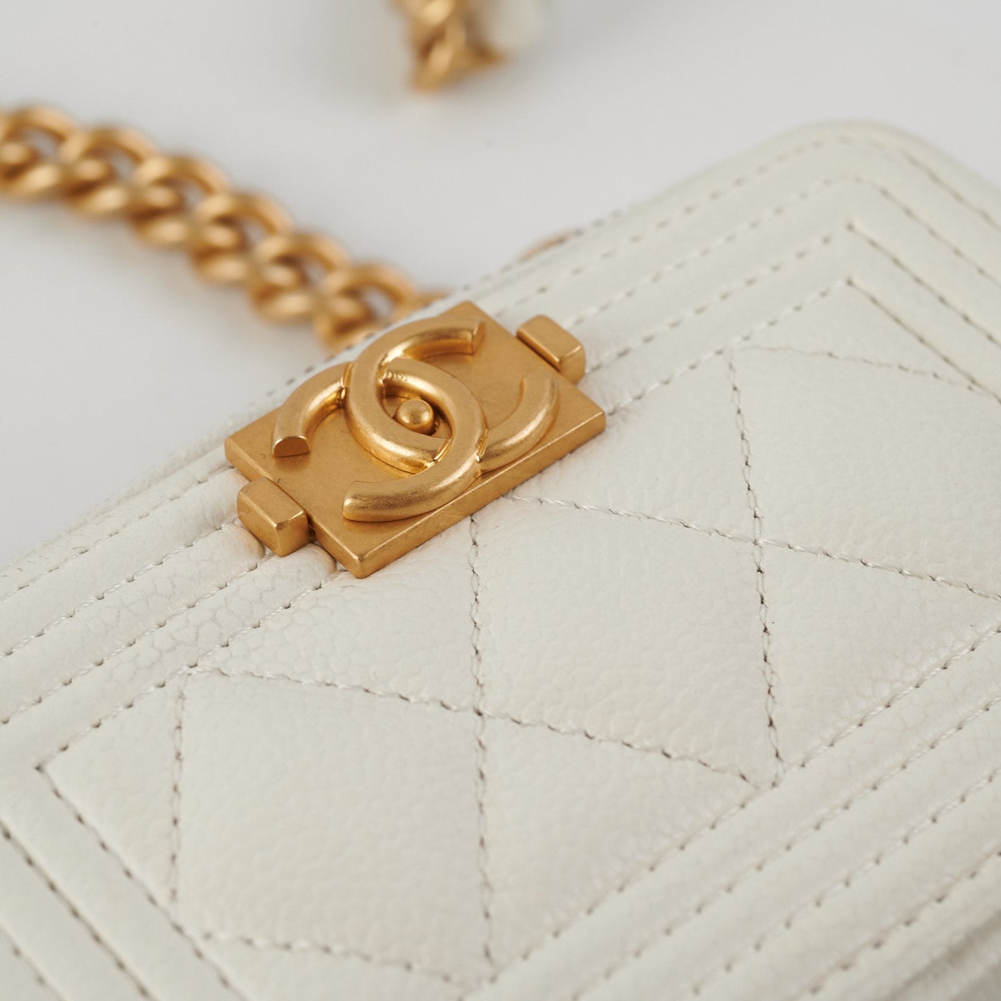 Chanel Caviar Micro Boy Card holder on Chain White