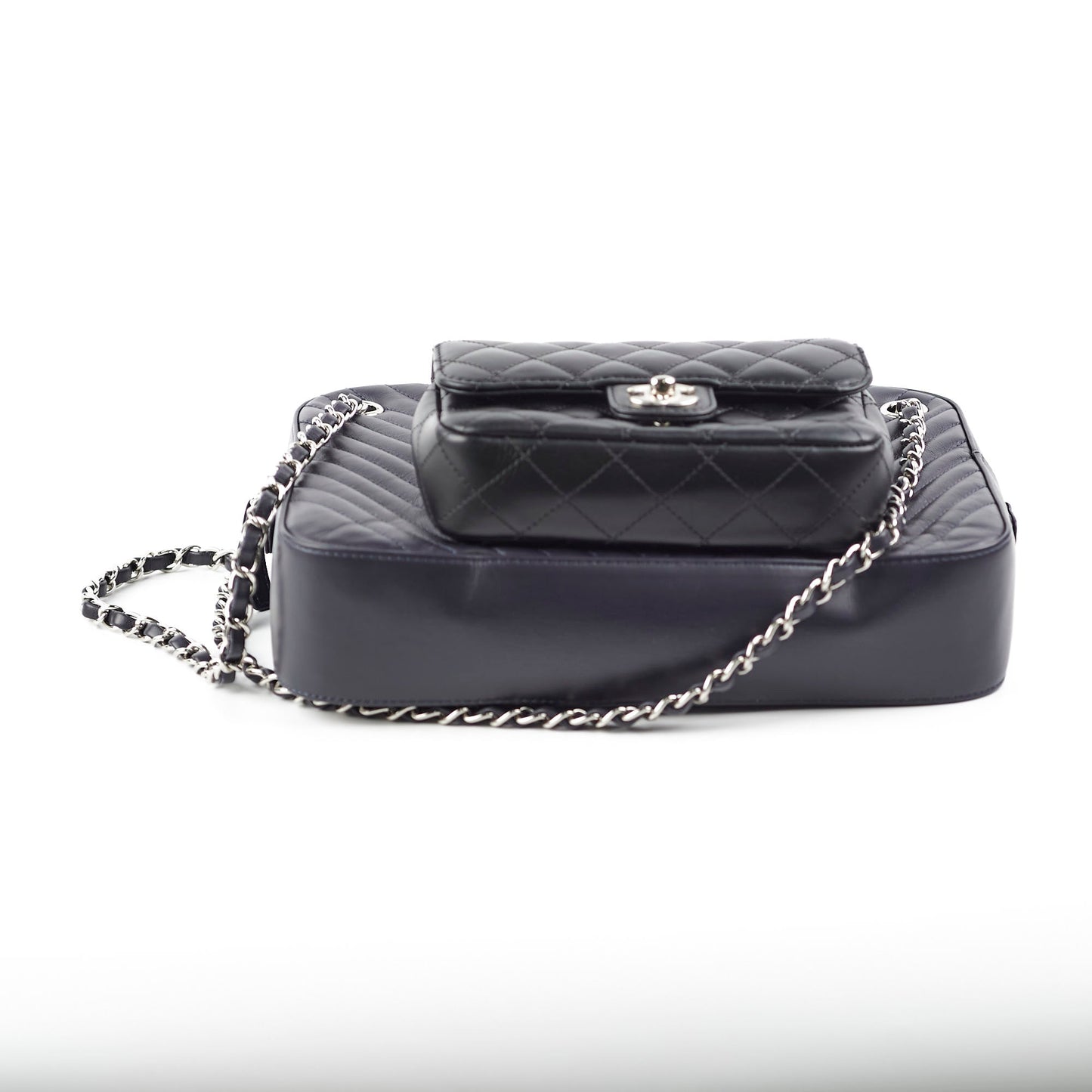 Chanel Double Camera Chevron Quilted Crossbody Bag Black/Dark Purple 26 series