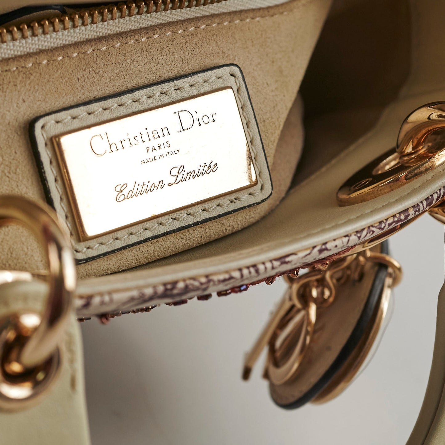 Christian Dior Mini Lady Dior Calfskin Limited Edition Embroidered Bag Ivory/Burgundy