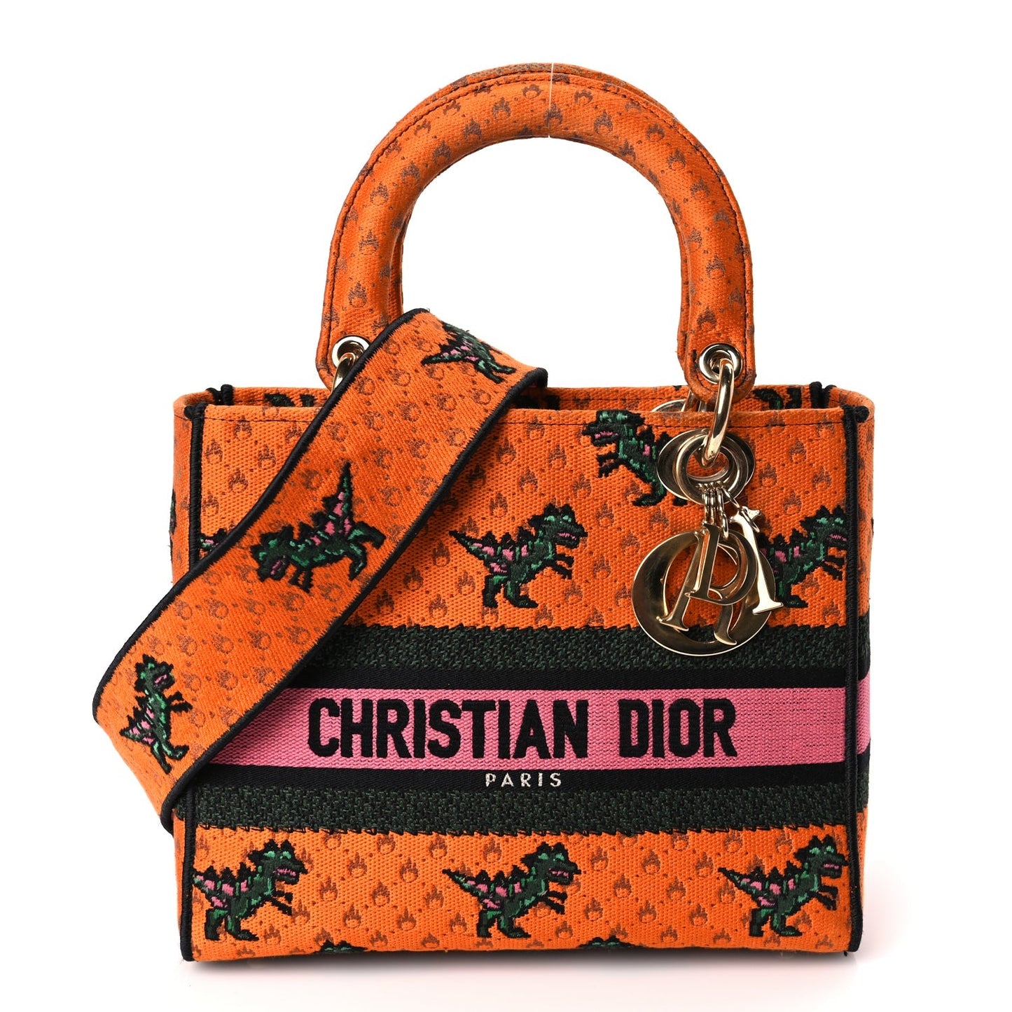 Christian Dior Canvas Embroidered Dino Medium Lady D-Lite Orange Multicolor