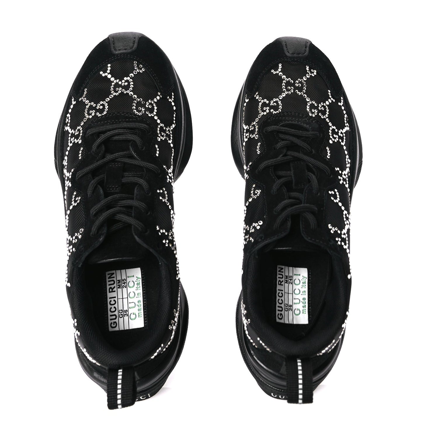 Gucci Tela Retino Mesh Crystal Suede GG Monogram Womens Gucci Run Sneakers 36 Black Silver