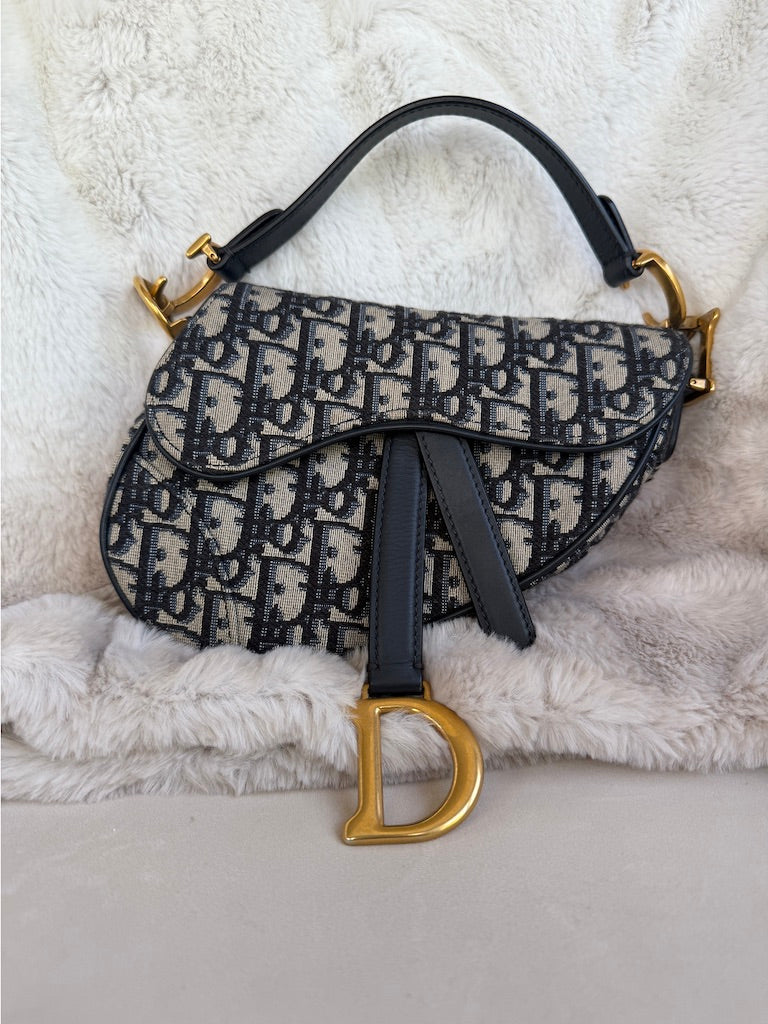 Christian Dior Mini Oblique Dior Saddle Bag & Studded Canvas Strap Bundle