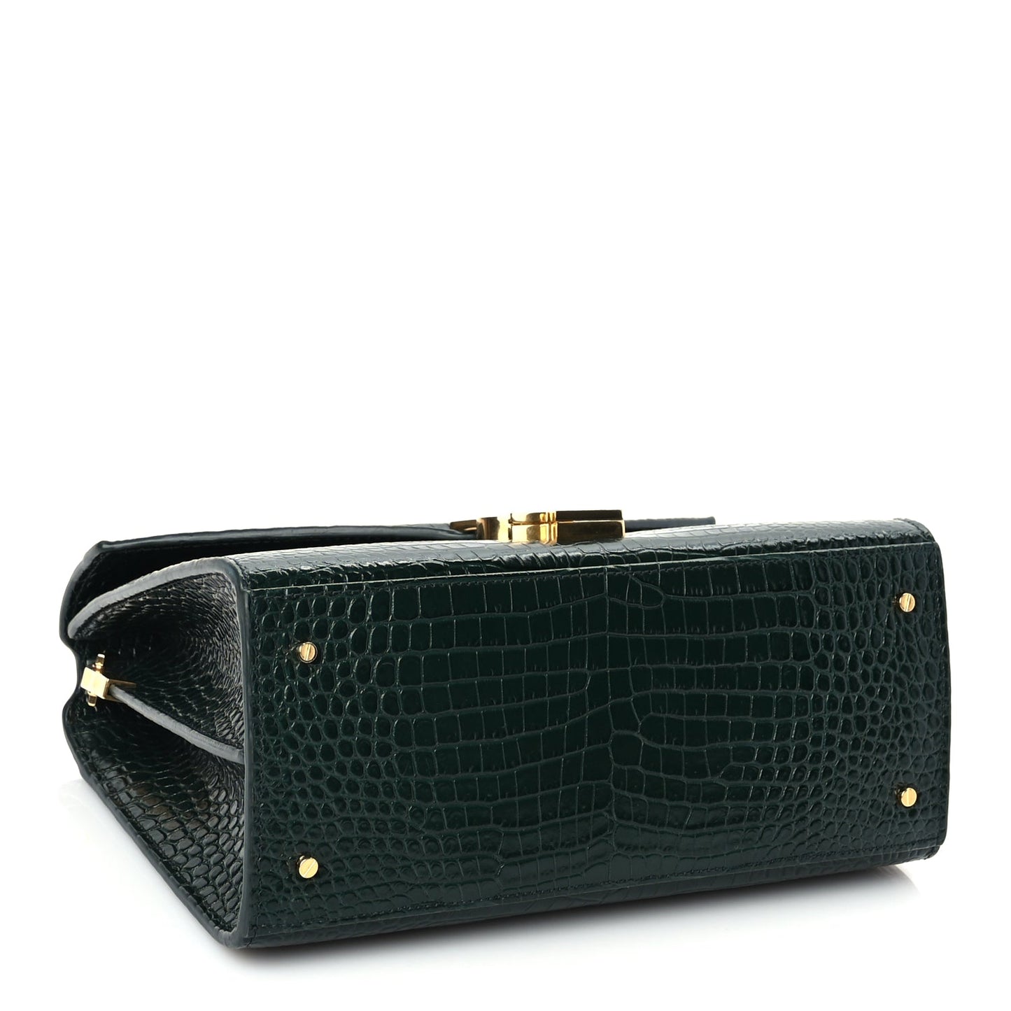 Saint Laurent Calfskin Crocodile Embossed Medium Classic Monogram Cassandra Top Handle Dark Mint