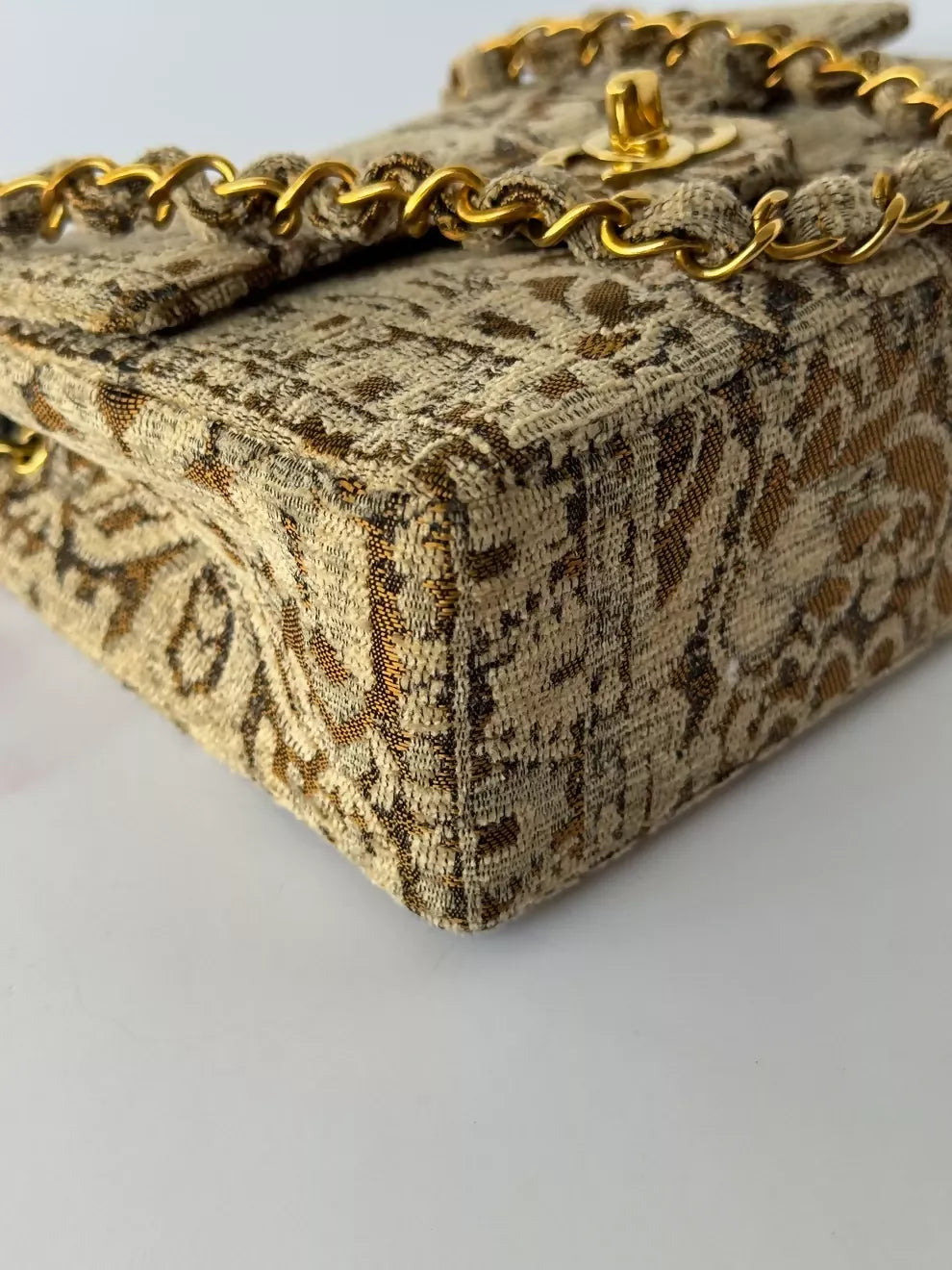 Chanel  1991 Bronze Metallic Brocade Mini Square Flap Bag