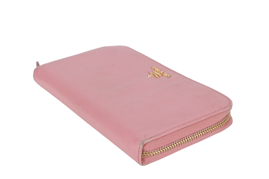PRADA ZIP AROUND LONG WALLET PINK SAFFIANO LEATHER GOLD HARDWARE WITH BOX