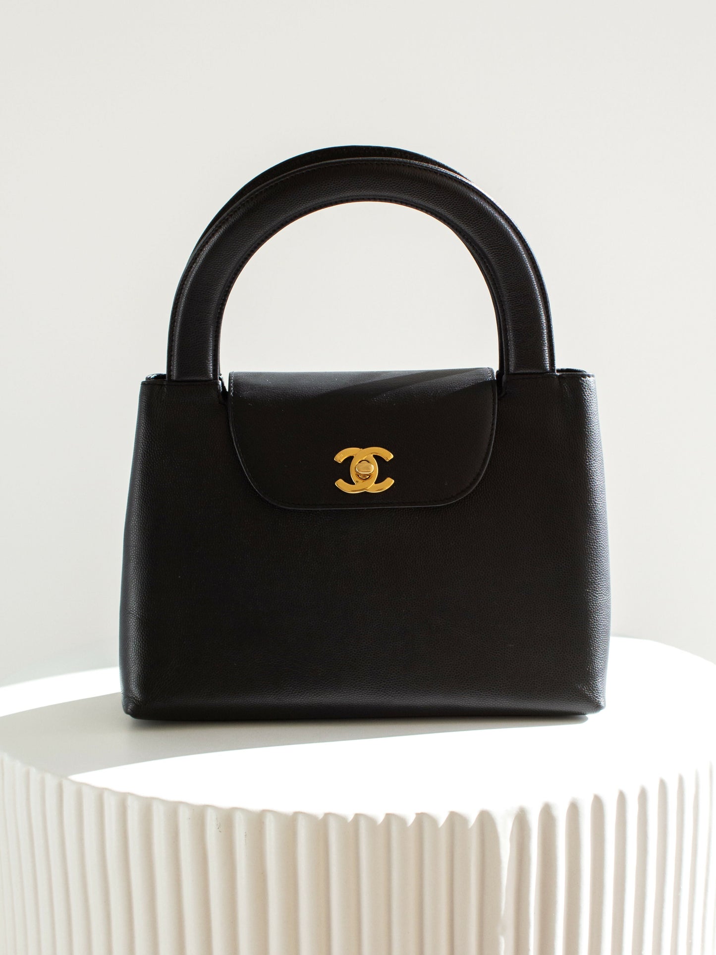 Chanel  1998 Kelly Black Caviar Leather 24K Gold Top Handle Bag