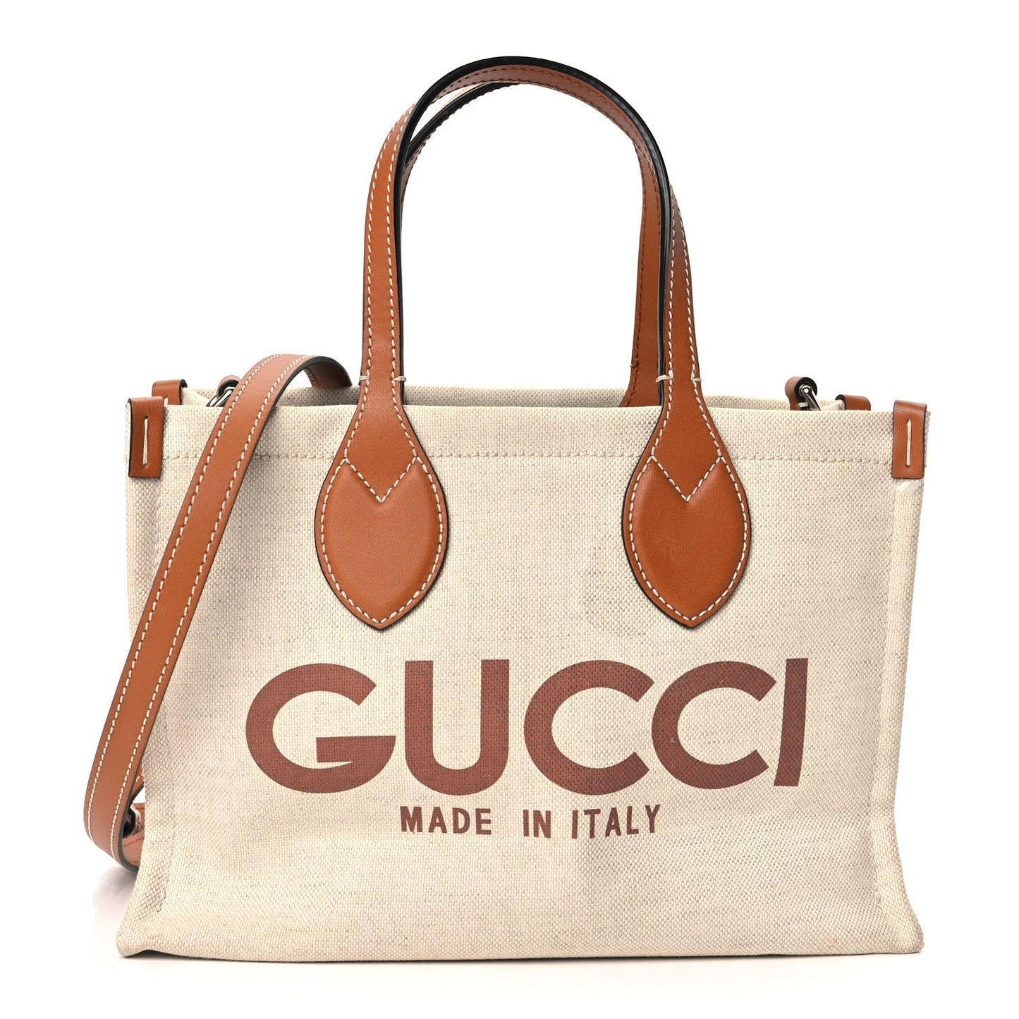 Gucci Canvas Calfskin Logo Print Medium Tote Bag Brown