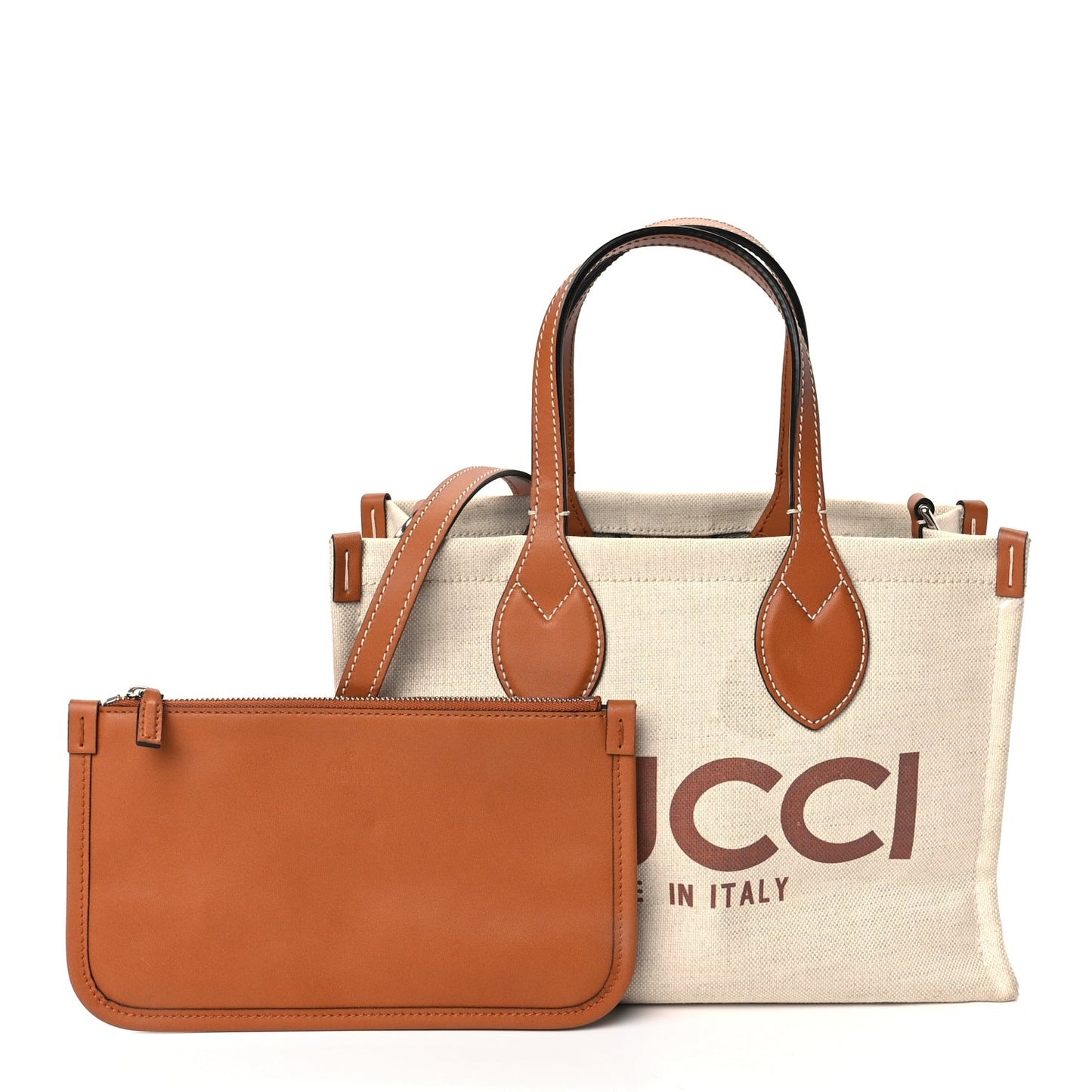 Gucci Canvas Calfskin Logo Print Medium Tote Bag Brown