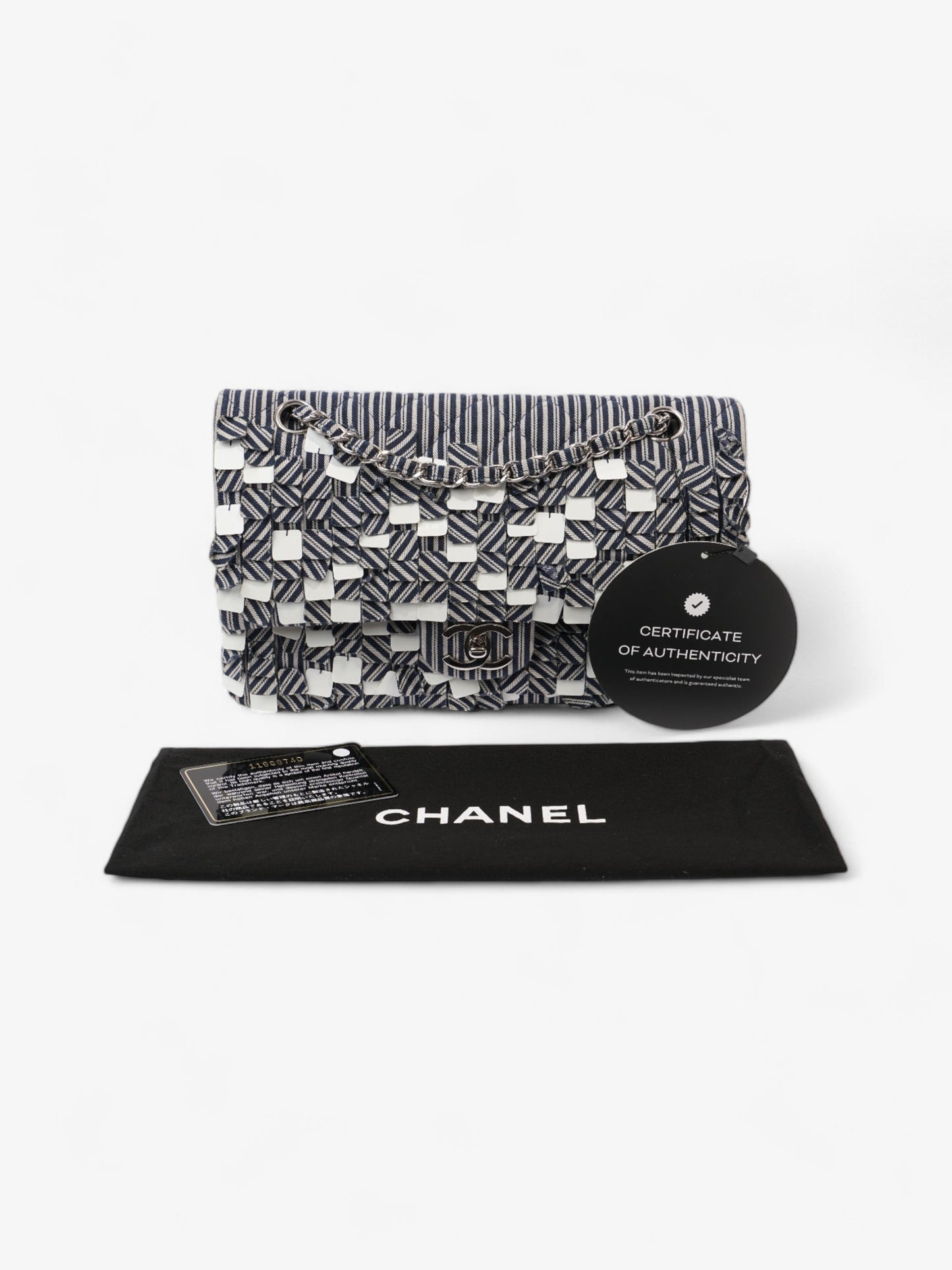 Chanel Classic Double Flap Navy Blue / White Cotton Medium