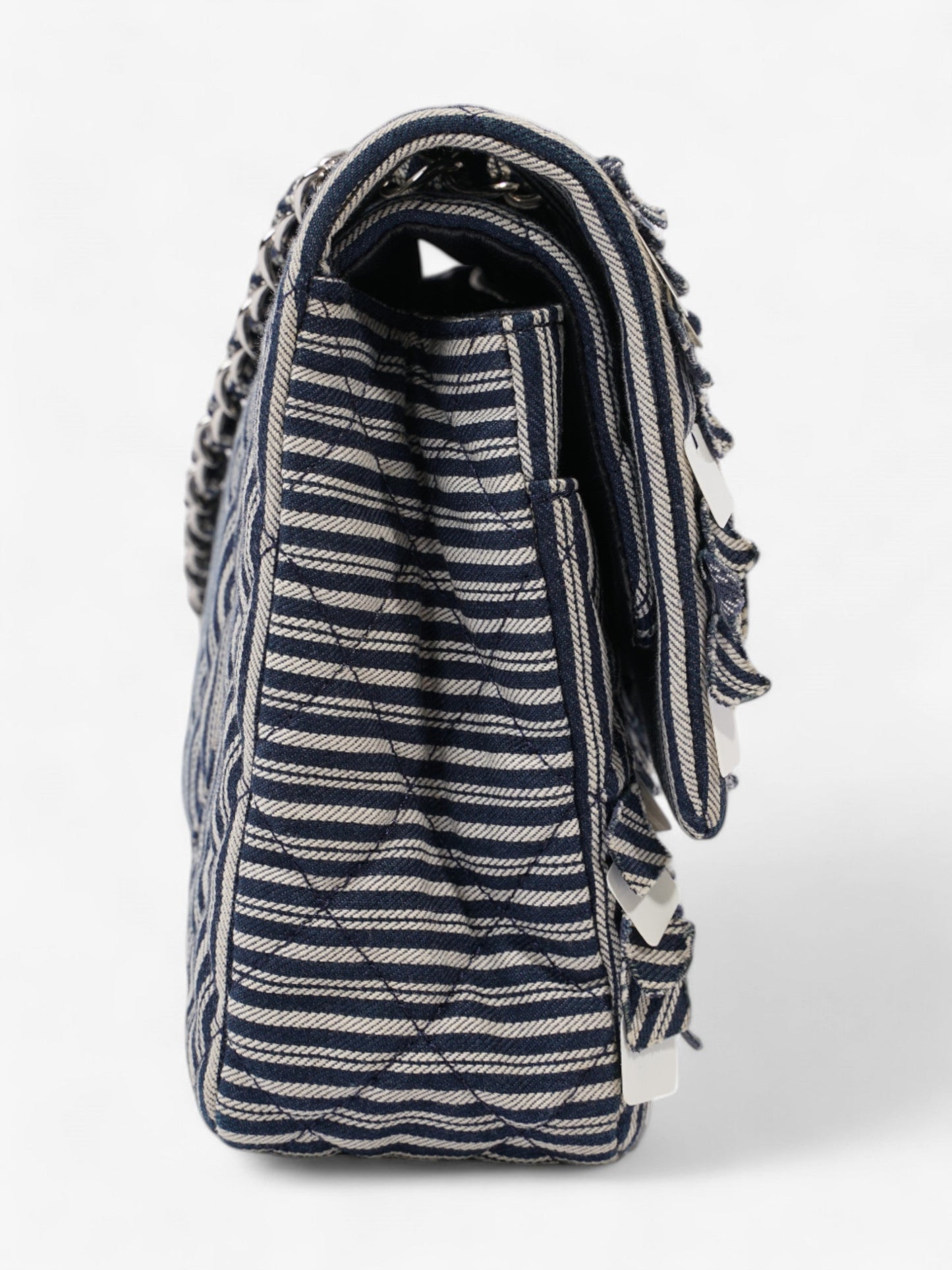 Chanel Classic Double Flap Navy Blue / White Cotton Medium
