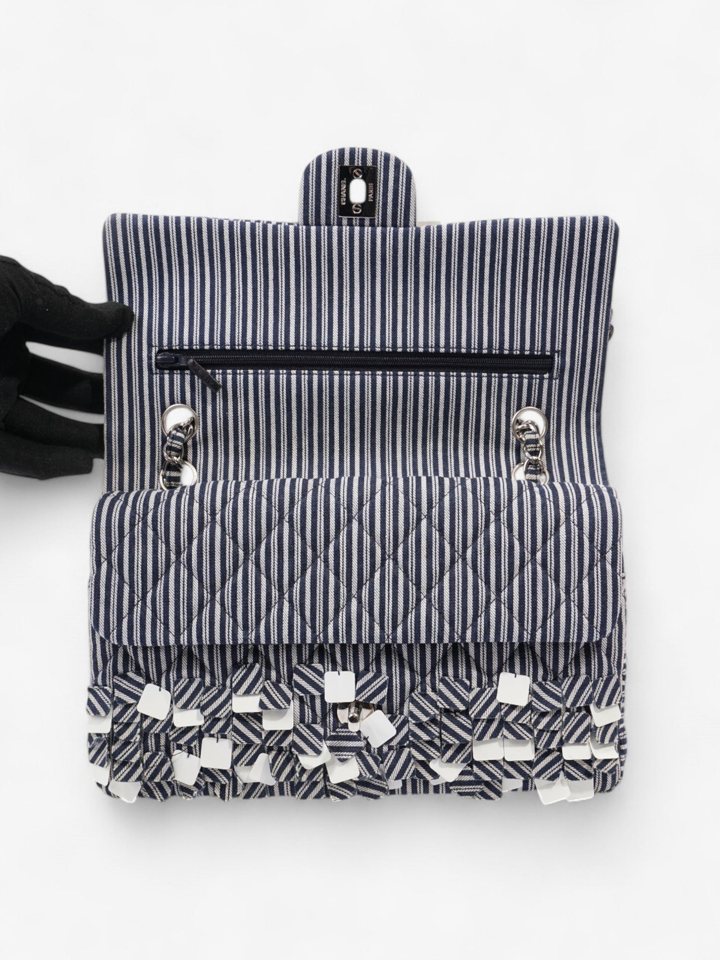 Chanel Classic Double Flap Navy Blue / White Cotton Medium