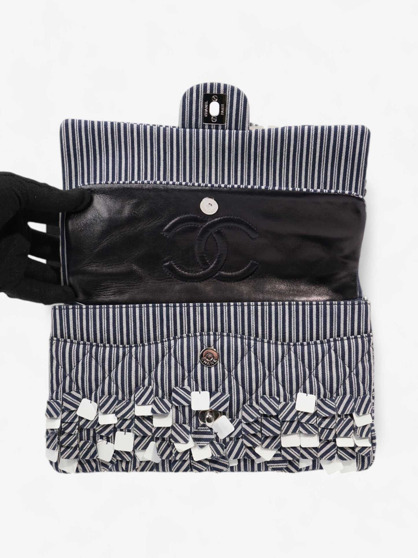 Chanel Classic Double Flap Navy Blue / White Cotton Medium