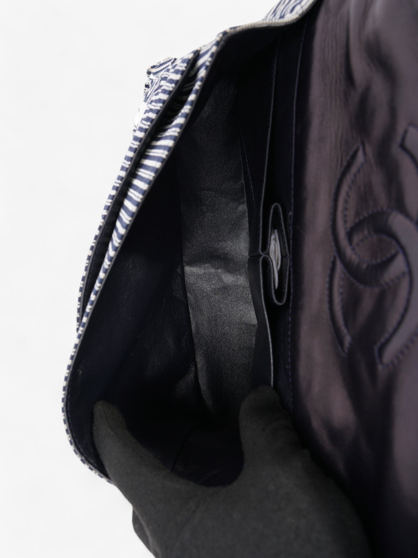 Chanel Classic Double Flap Navy Blue / White Cotton Medium