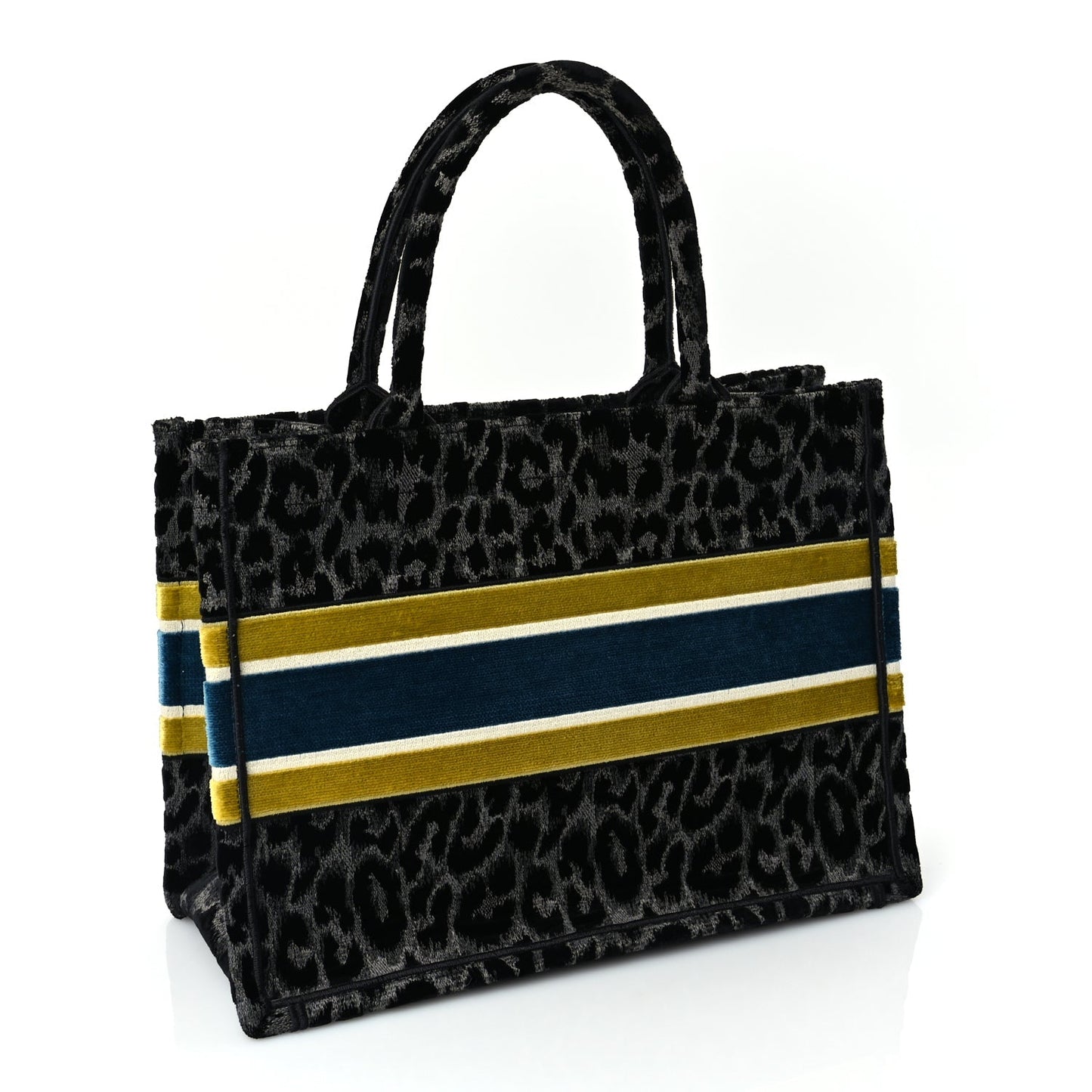 Christian Dior Velvet Mizza Embroidered Medium Leopard Book Tote Black Yellow Blue