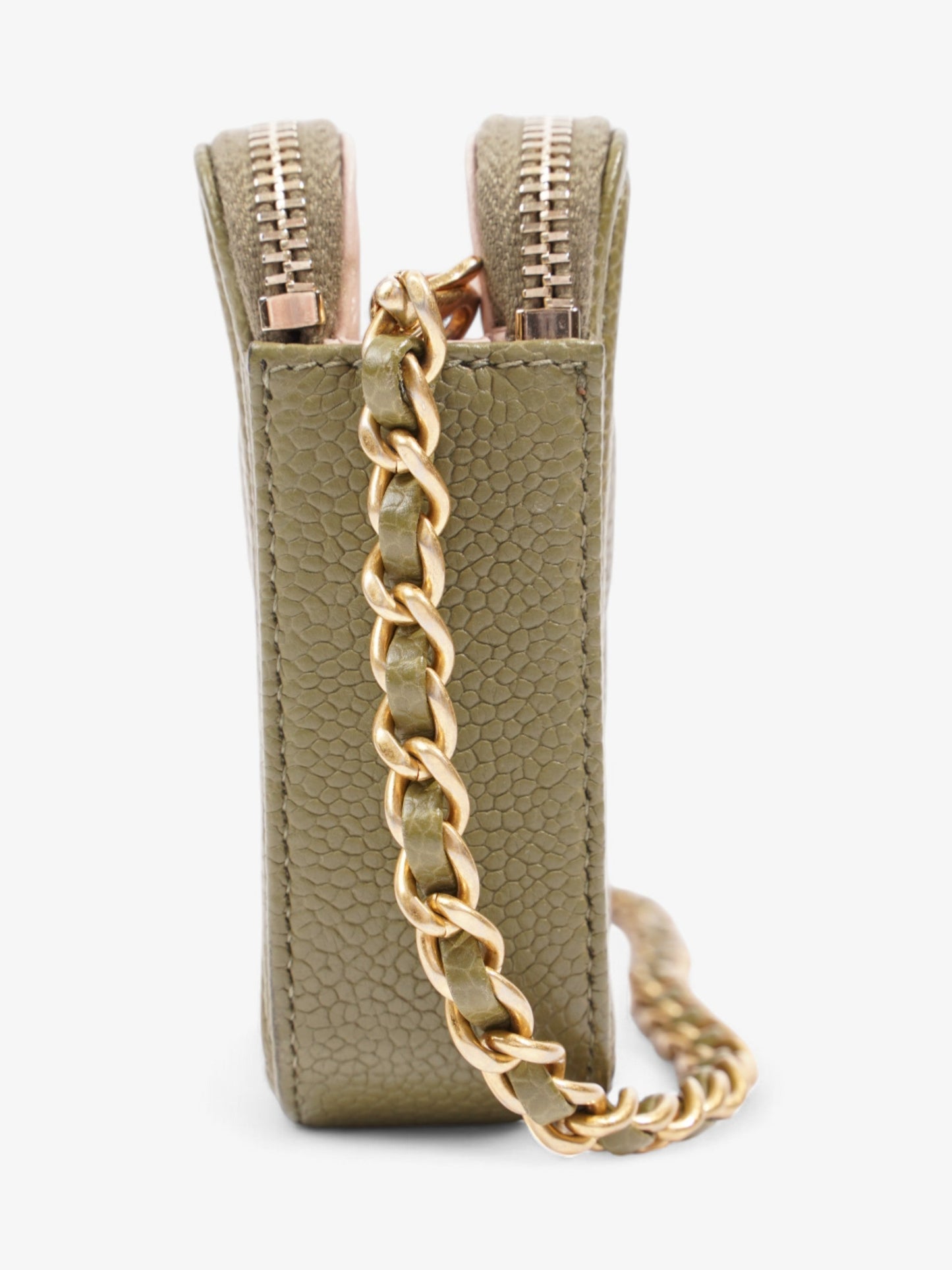 Chanel Double Zip Clutch On Chain Khaki Caviar Leather