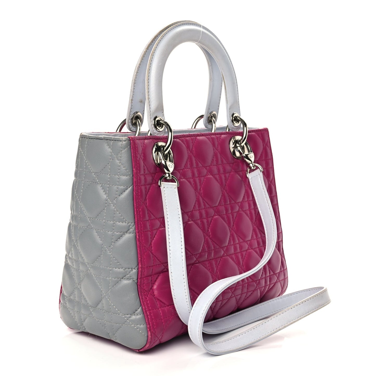 Christian Dior Lambskin Cannage Medium Tri-Color Lady Dior Fuchsia Grey Light Blue