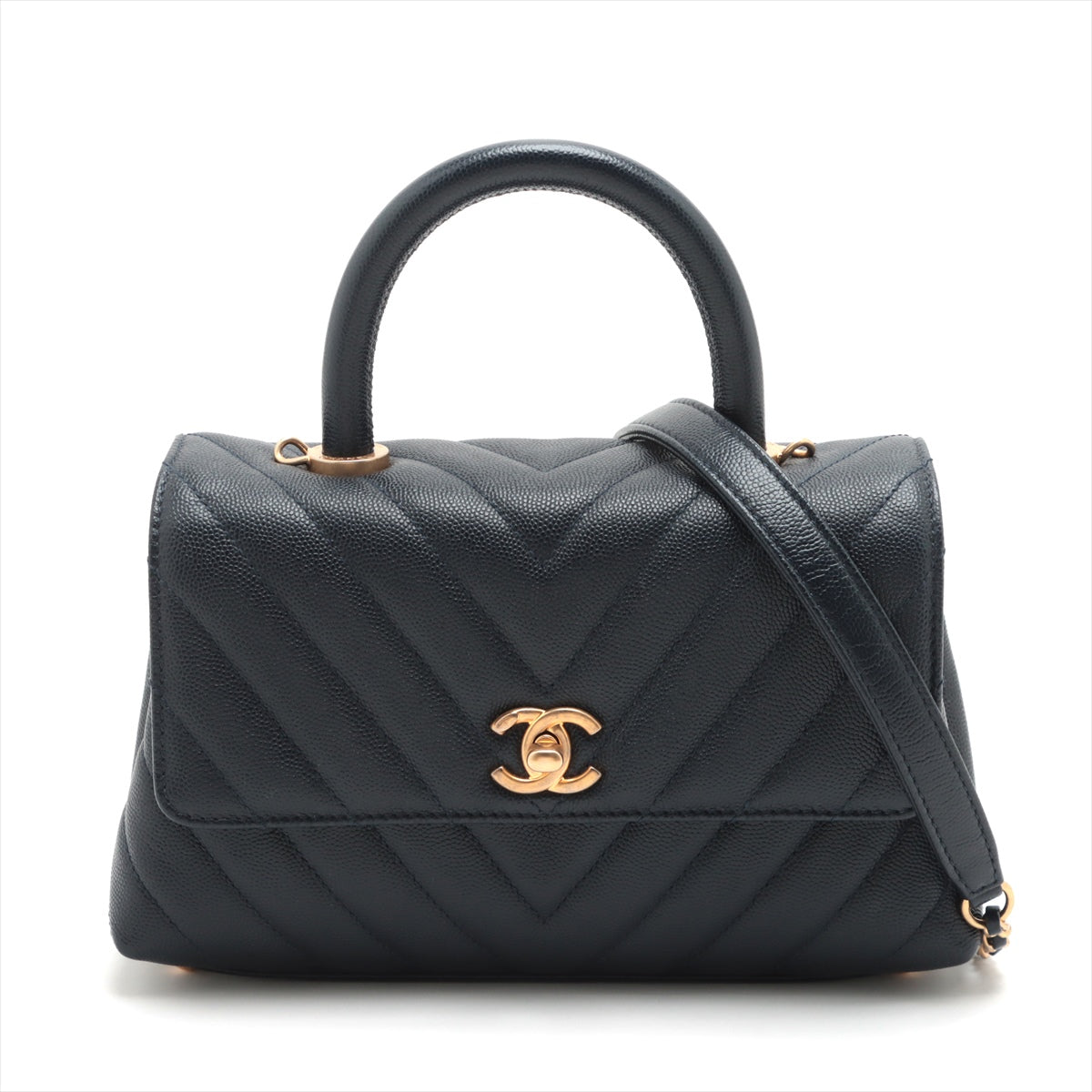 Chanel Small Chevron Coco Handle Caviar Navy