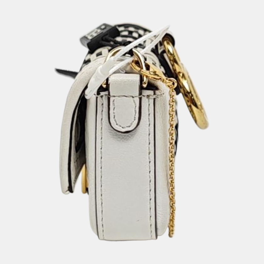 Fendi Nano Baguette Charm Black and White Woven Leather Gold Hardware