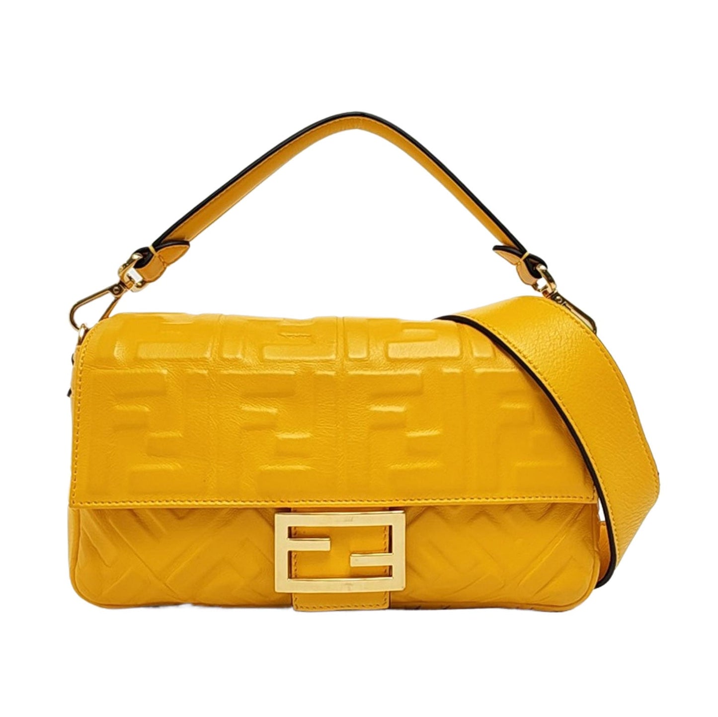 Fendi Baguette Yellow Lambskin Leather 3D FF Embossed Crossbody Bag Medium