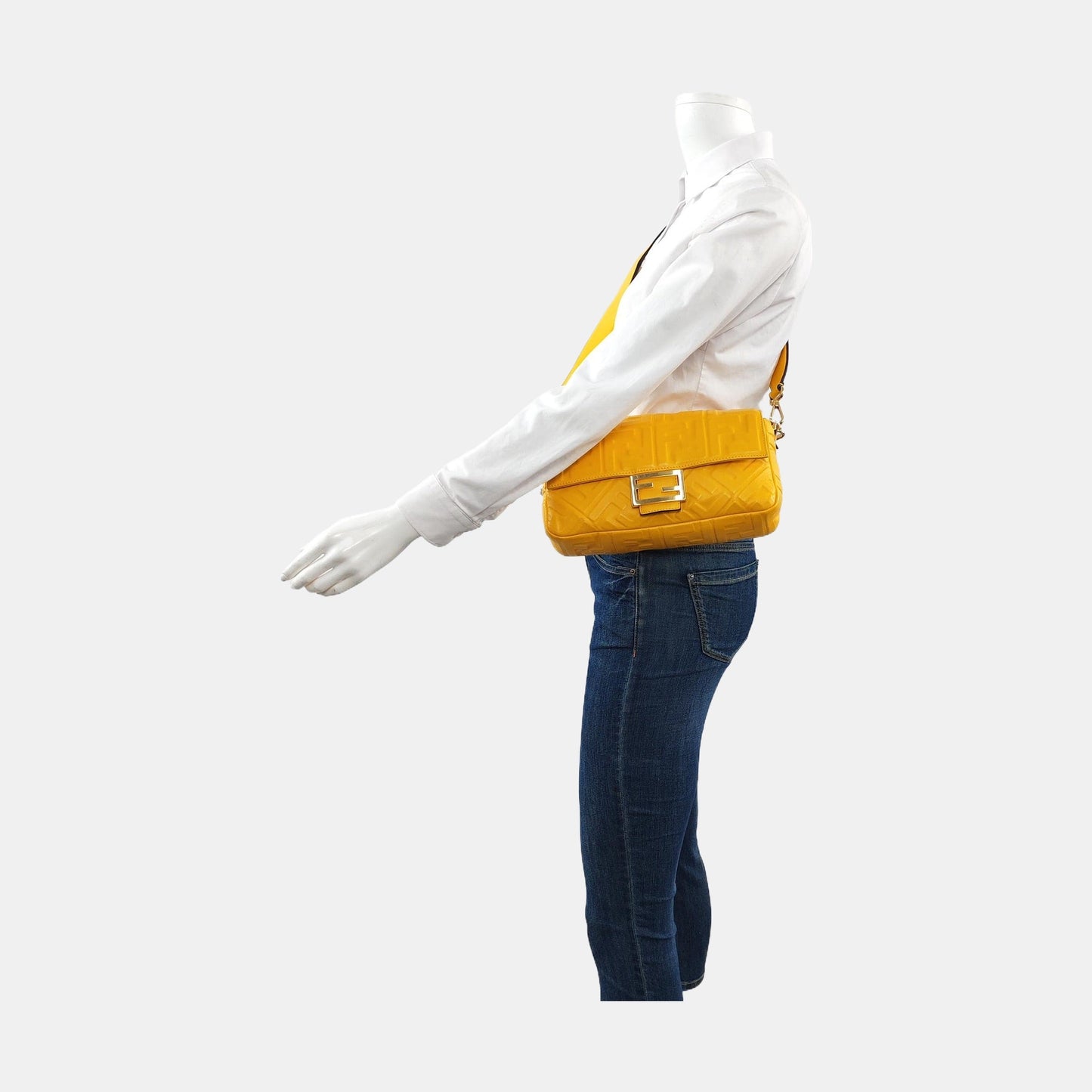 Fendi Baguette Yellow Lambskin Leather 3D FF Embossed Crossbody Bag Medium