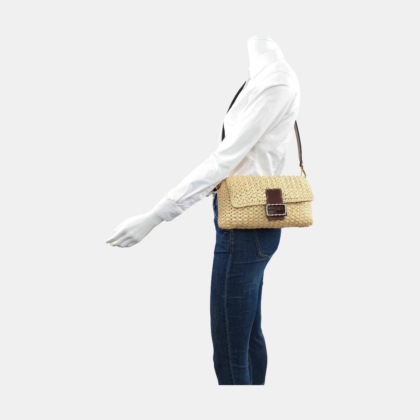 Fendi Baguette Medium Beige Raffia Brown Leather Crossbody Bag