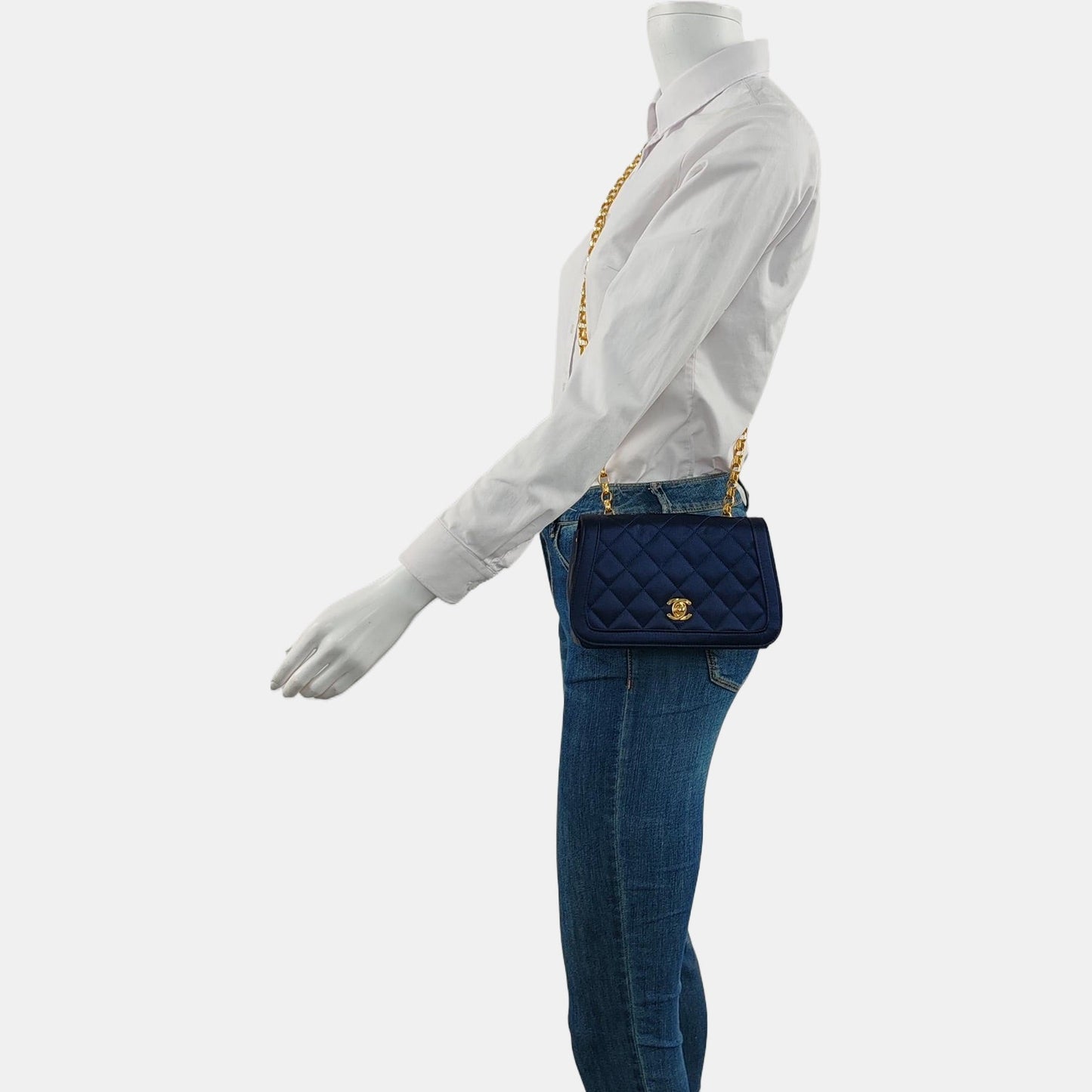 Chanel Vintage Mini Flap Bag Navy Silk Satin Bijou Chain
