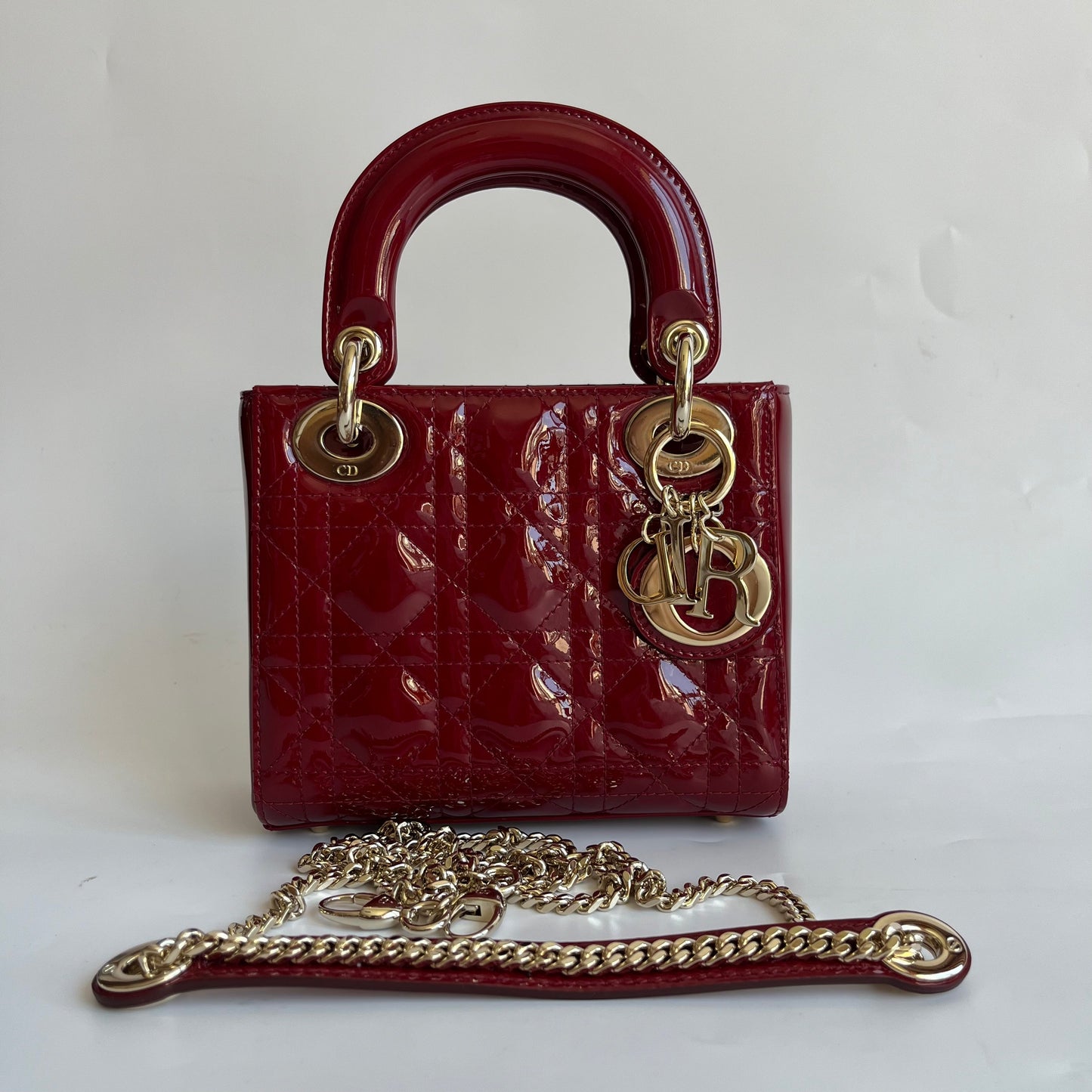 Lady Dior Mini Burgundy Red Patent Leather Gold Chain Strap 2019 Suede Interior