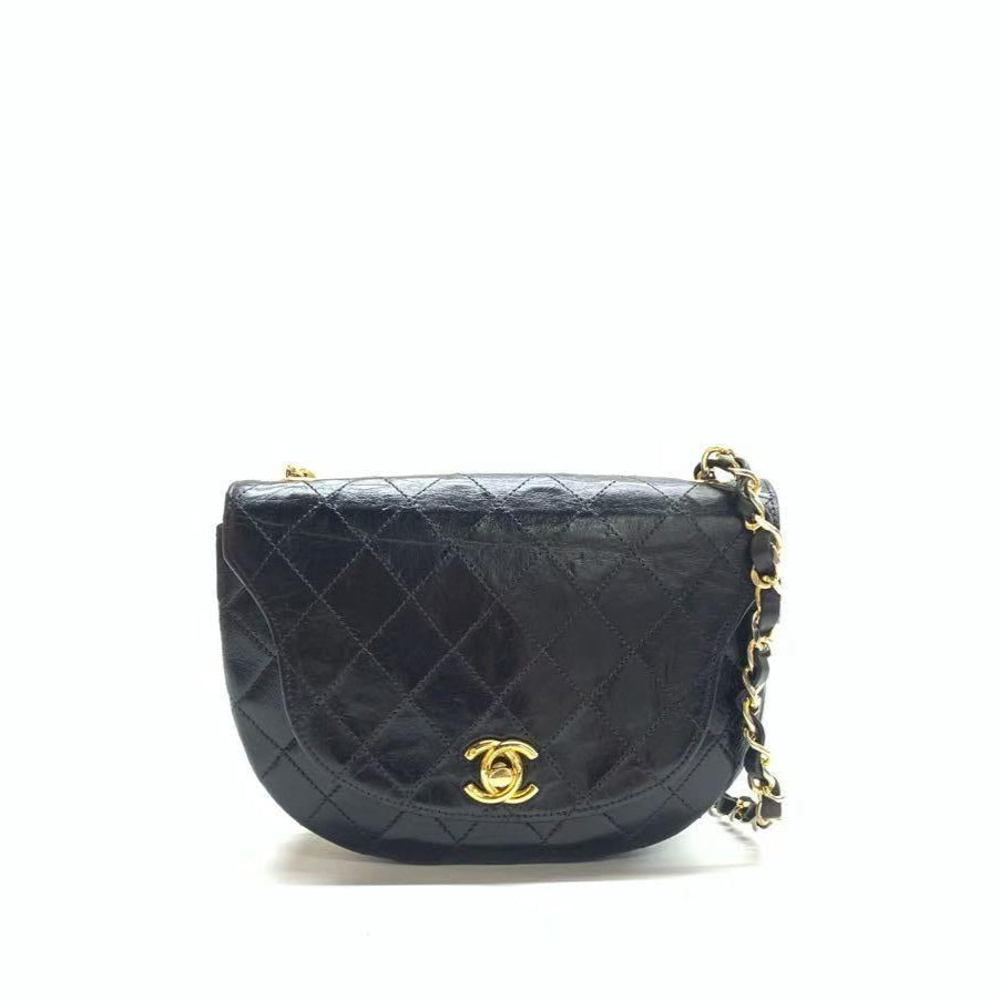 Chanel Vintage Mini Half Moon Flap Bag Black Lambskin Leather Gold Hardware 1986-1988