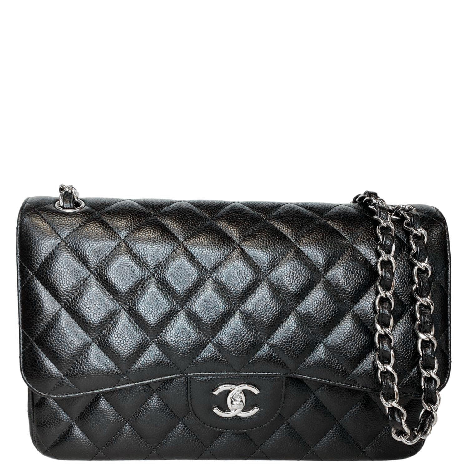 Chanel Jumbo Double Flap Quilted Caviar Leather Shoulder Bag Black