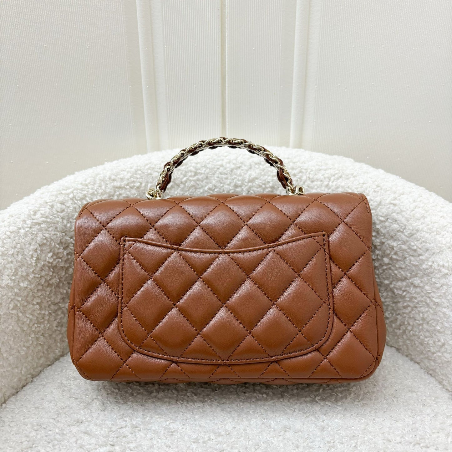 Chanel 23A Mini Rectangle Flap with Crystals Top Handle in Cognac Brown Lambskin and LGHW Handbag