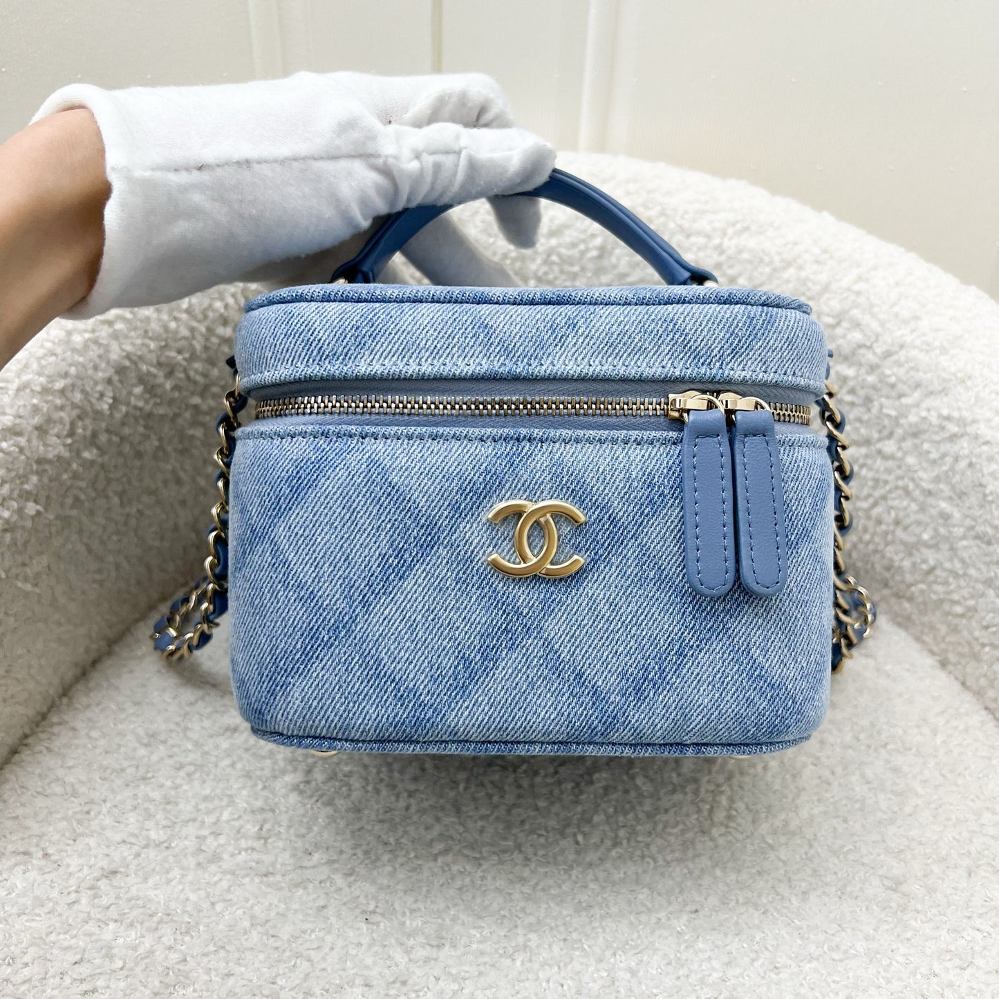 Chanel 22B Cheer for Chanel Vanity Case with Top Handle in Light Blue Fabric and AGHW Handbag