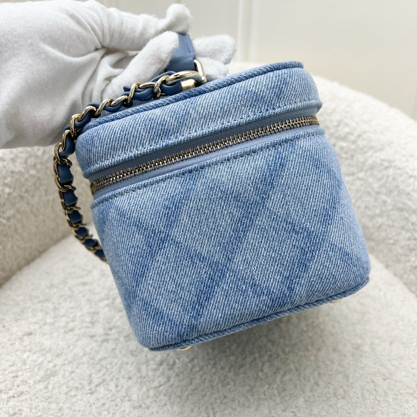Chanel 22B Cheer for Chanel Vanity Case with Top Handle in Light Blue Fabric and AGHW Handbag