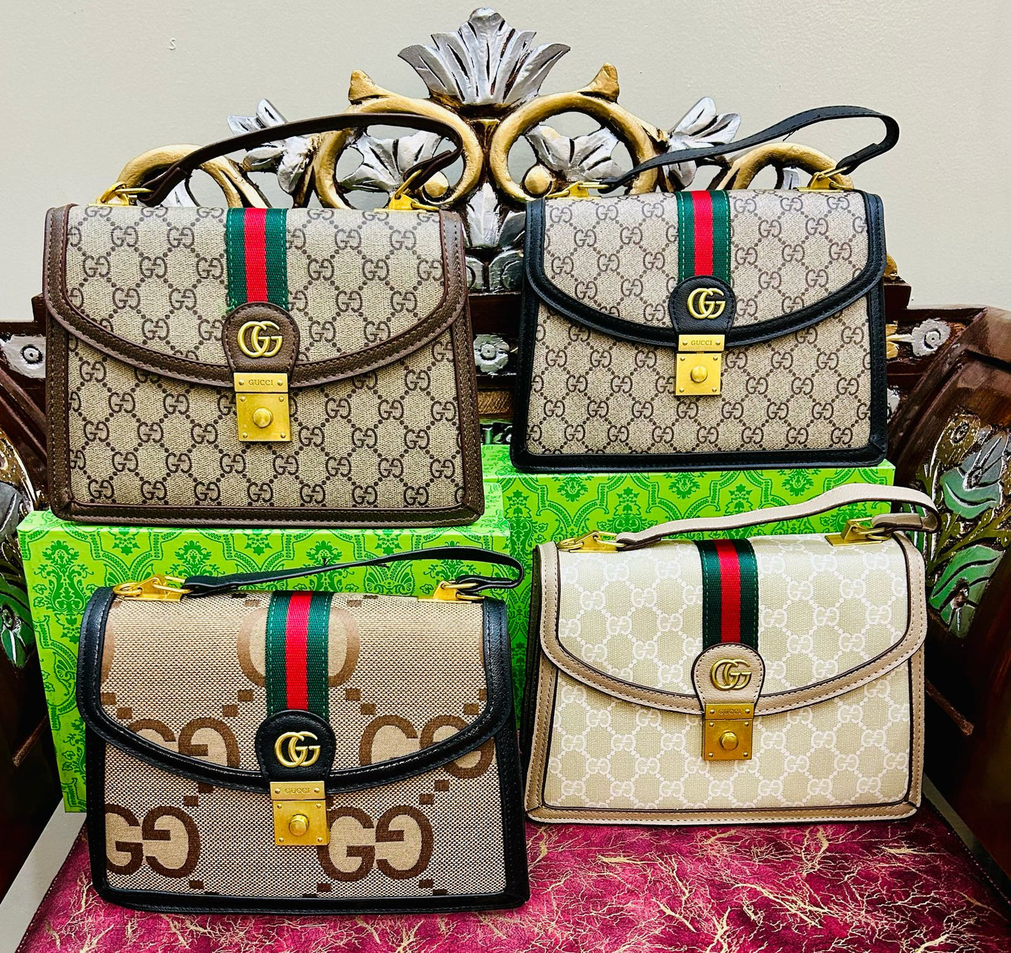Gucci-Inspired Ophidia Bag with Long Chain and Branded Packing (White/Beige)