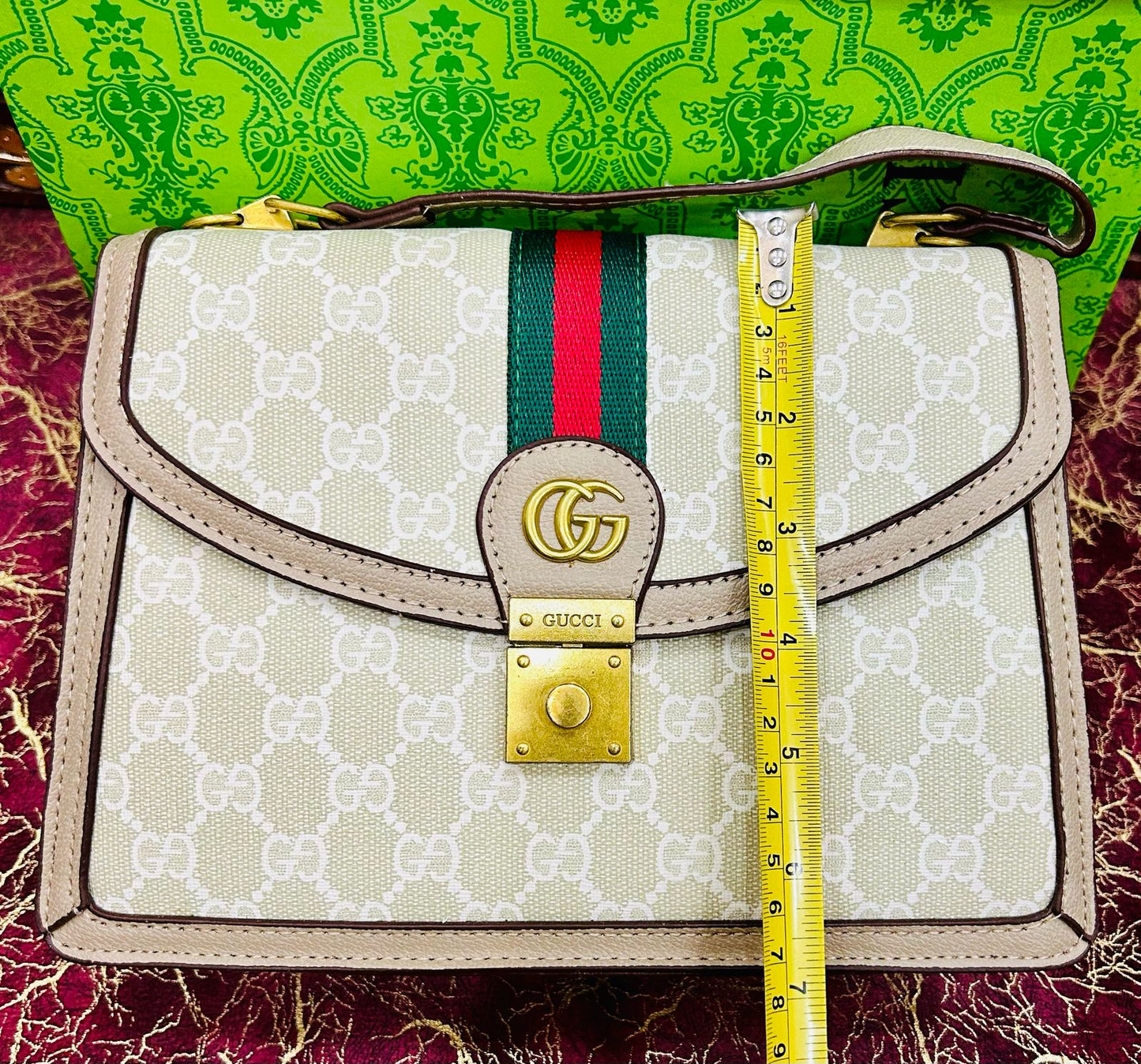Gucci-Inspired Ophidia Bag with Long Chain and Branded Packing (White/Beige)