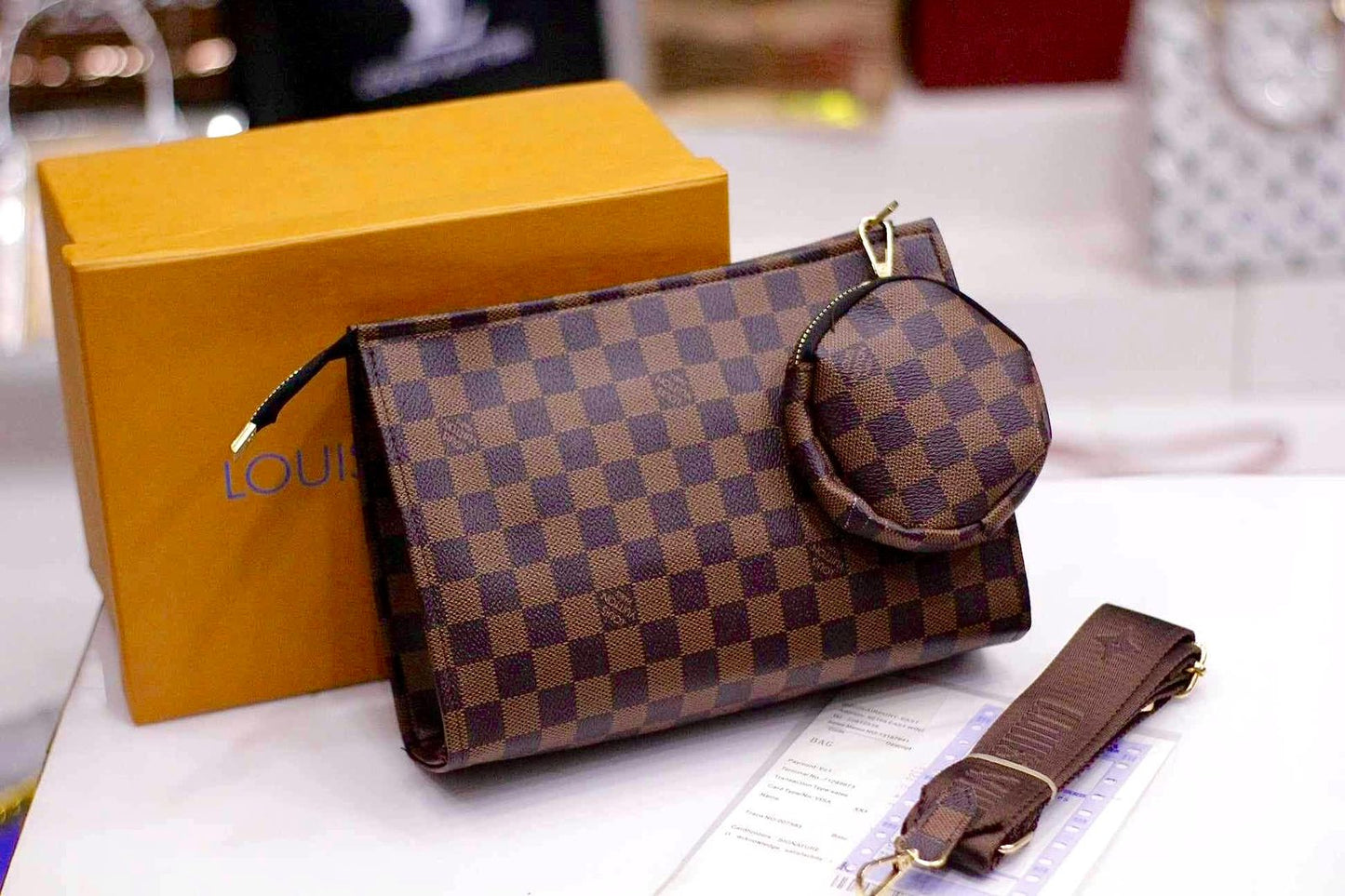 Louis Vuitton Crossbody Women Pouch  2-Piece Set (Brown Checkbox)