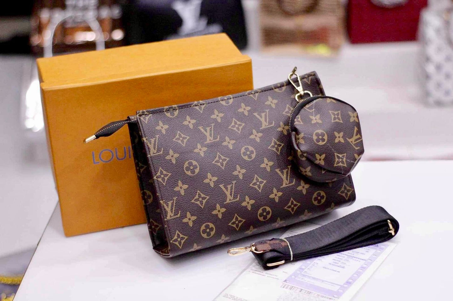 Louis Vuitton Crossbody Women Pouch  2-Piece Set (Brown/Black)