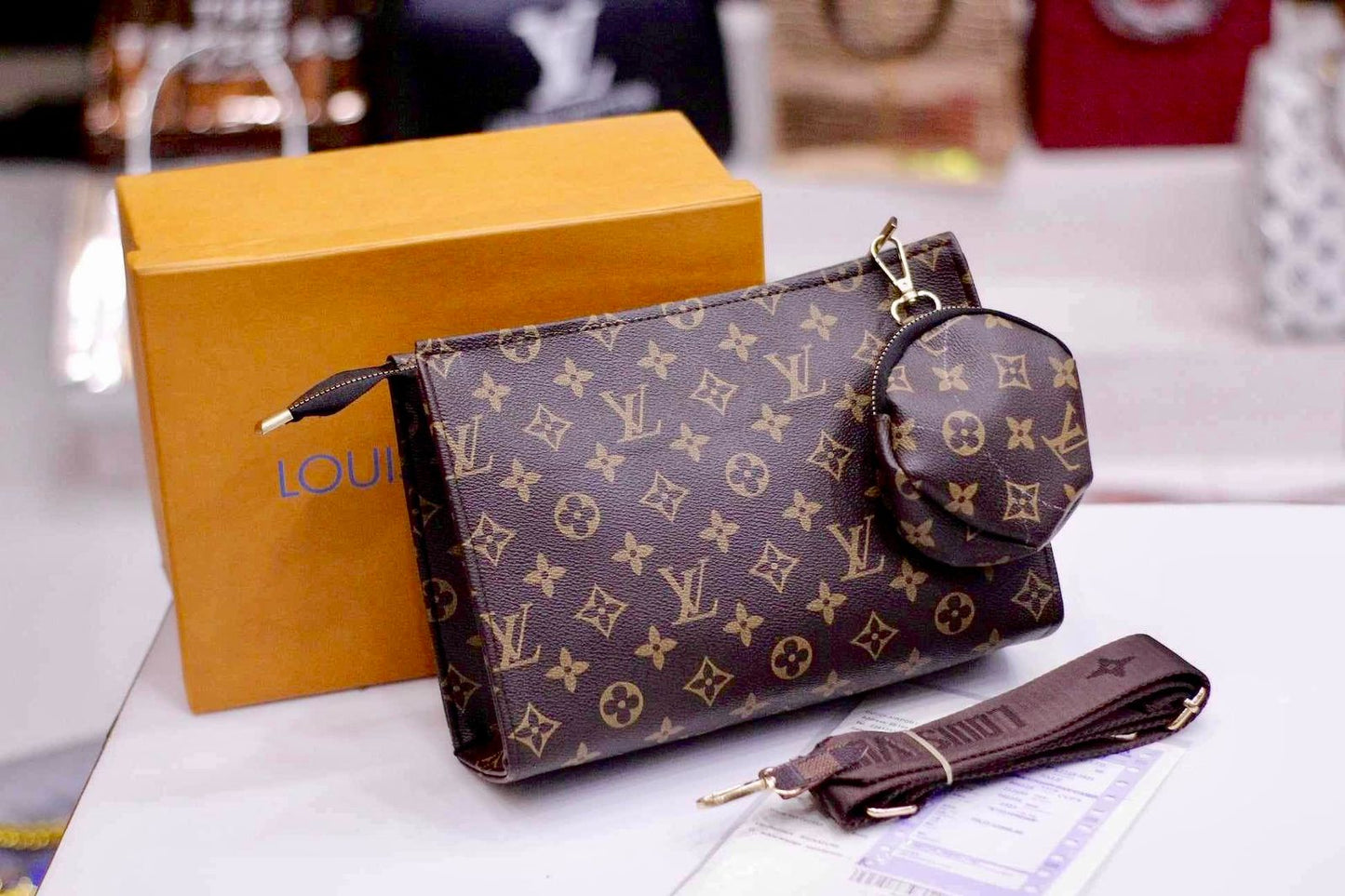 Louis Vuitton Crossbody Women Pouch  2-Piece Set (Brown)