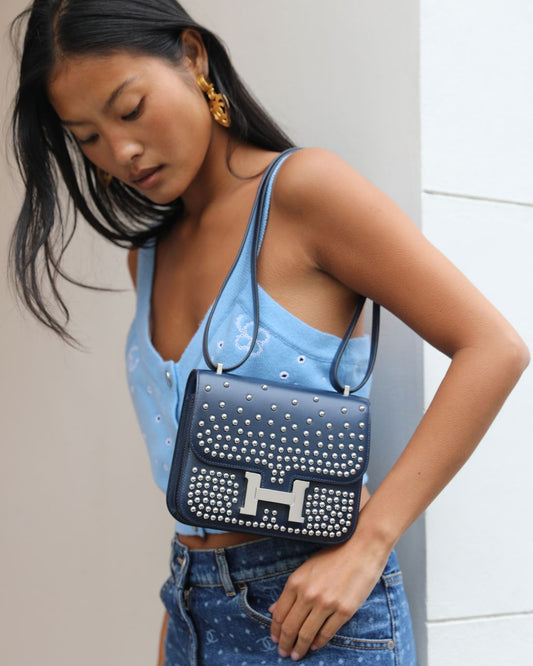 *LIMITED EDITION* Hermès Mini Constance Clouté III Miroir 18 Bag in Bleu Abysse Calfskin Box Leather with Palladium Hardware