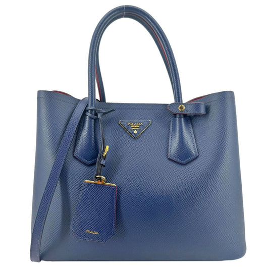 PRADA Double Handle Medium Saffiano Leather Shoulder Bag Navy Blue