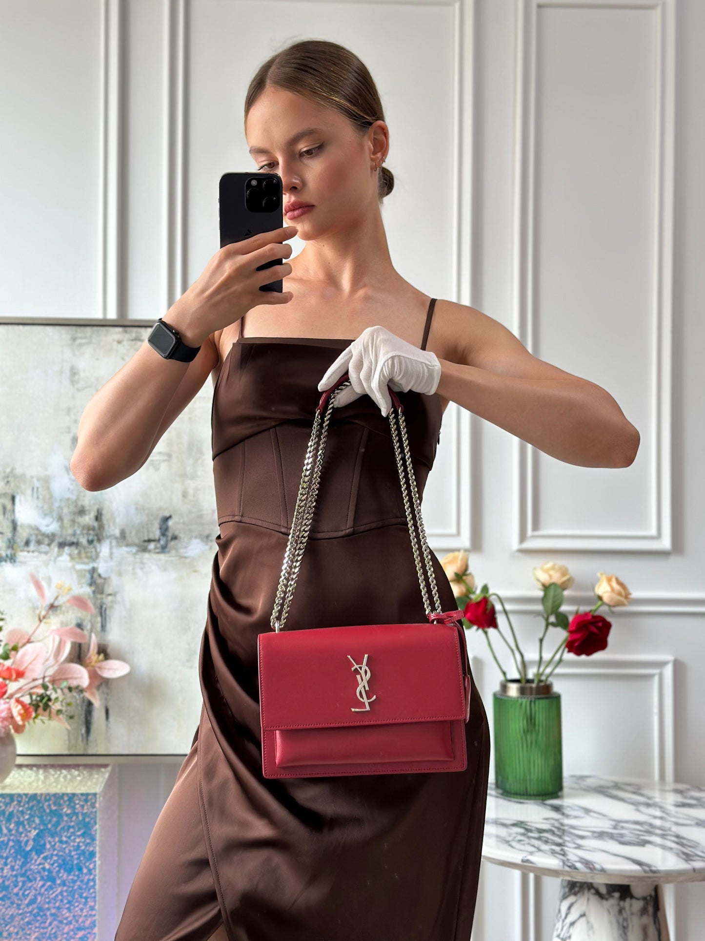 Saint Laurent Calfskin Medium Monogram Sunset shoulder bag in Rouge