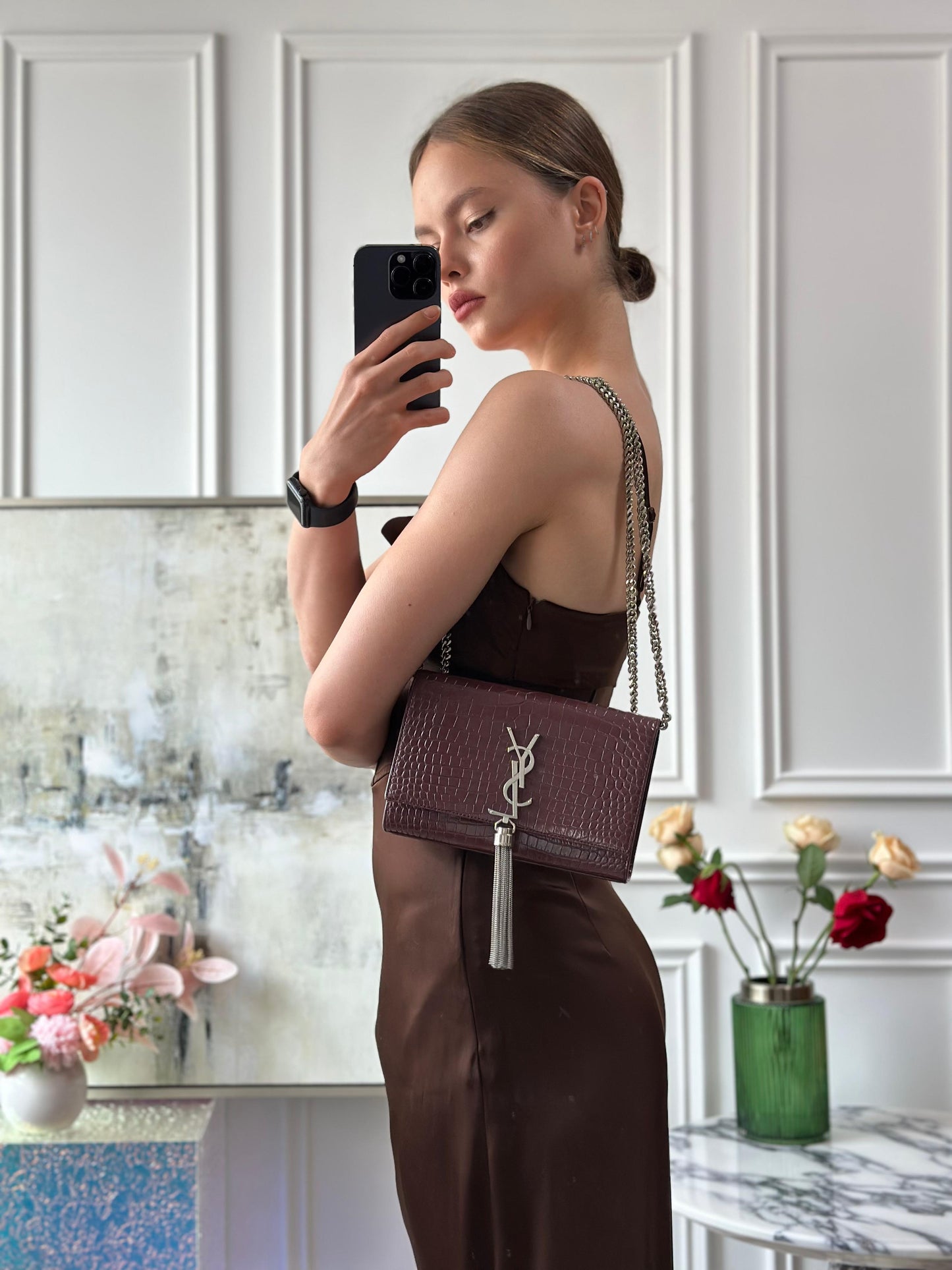 Saint Laurent Small Classic Monogram Kate Tassel Satchel Calfskin Crocodile Embossed Burgundy