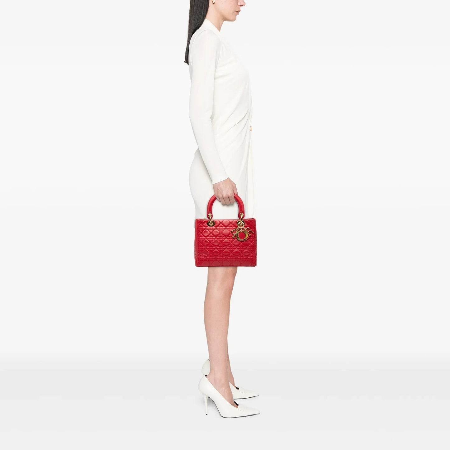 Red Dior Medium Lambskin Cannage Lady Dior Satchel