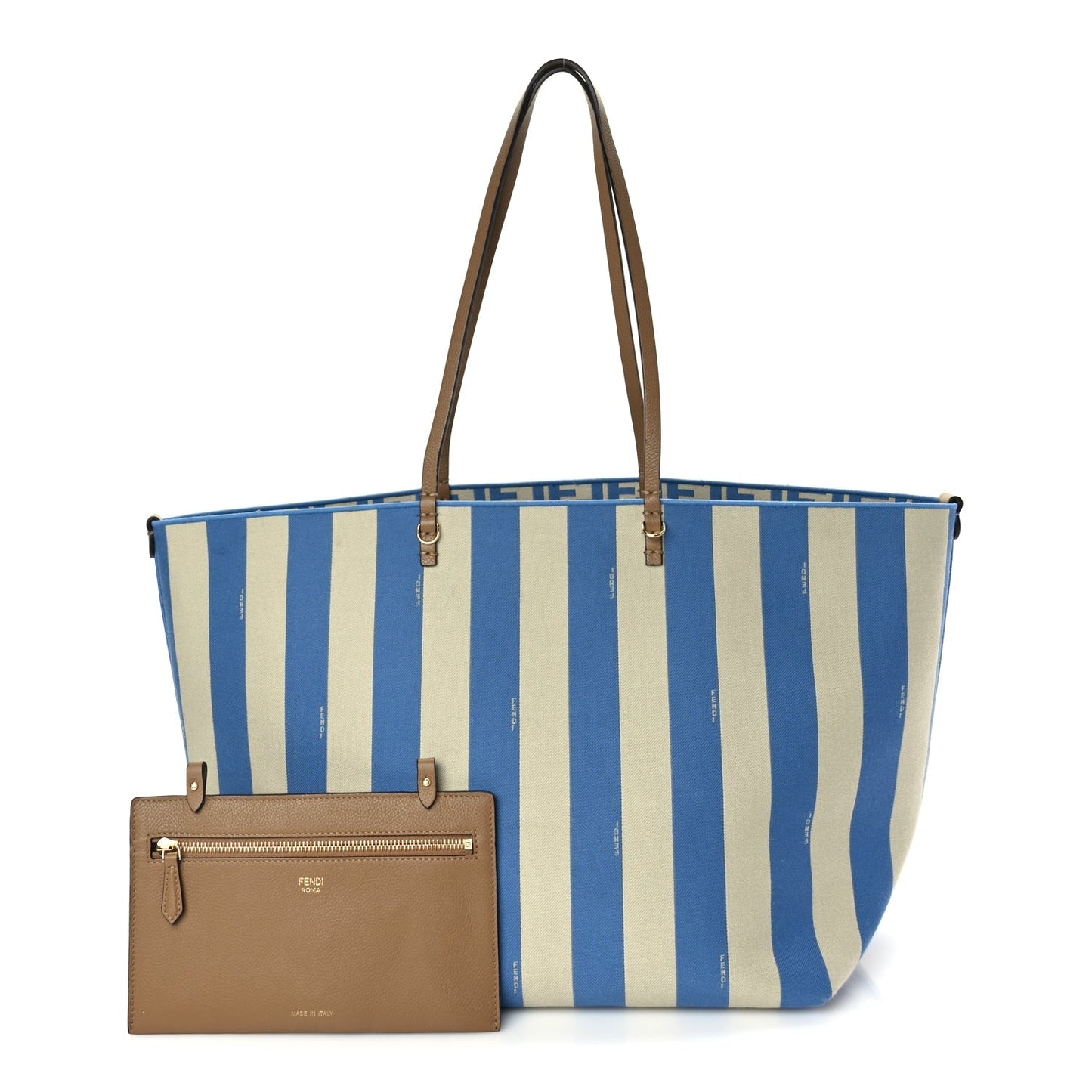 Fendi Pequin Stripe FF Large Roll Tote  Cerulean Blue Sand Beige