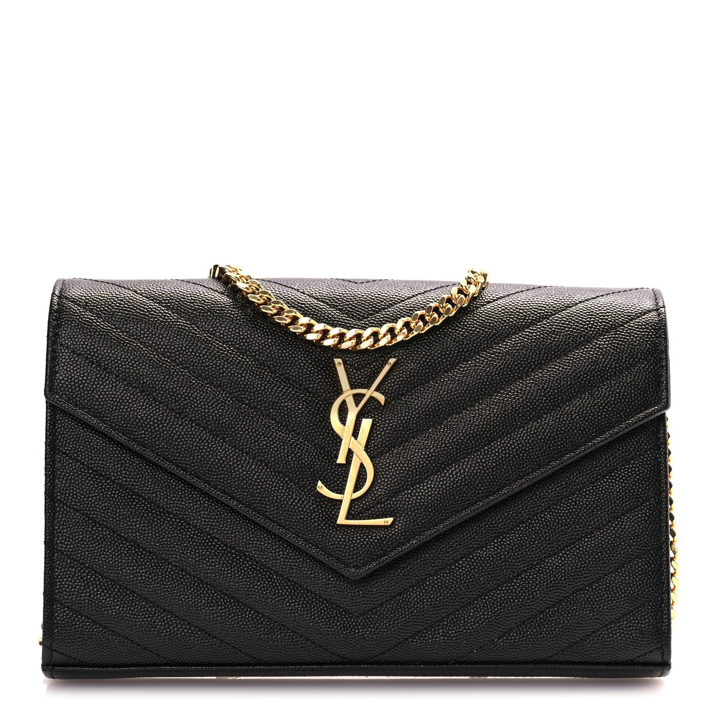 Saint Laurent Grain De Poudre Matelasse Chevron Monogram Chain Wallet Black