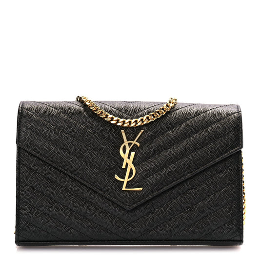 Saint Laurent Grain De Poudre Matelasse Chevron Monogram Chain Wallet Black