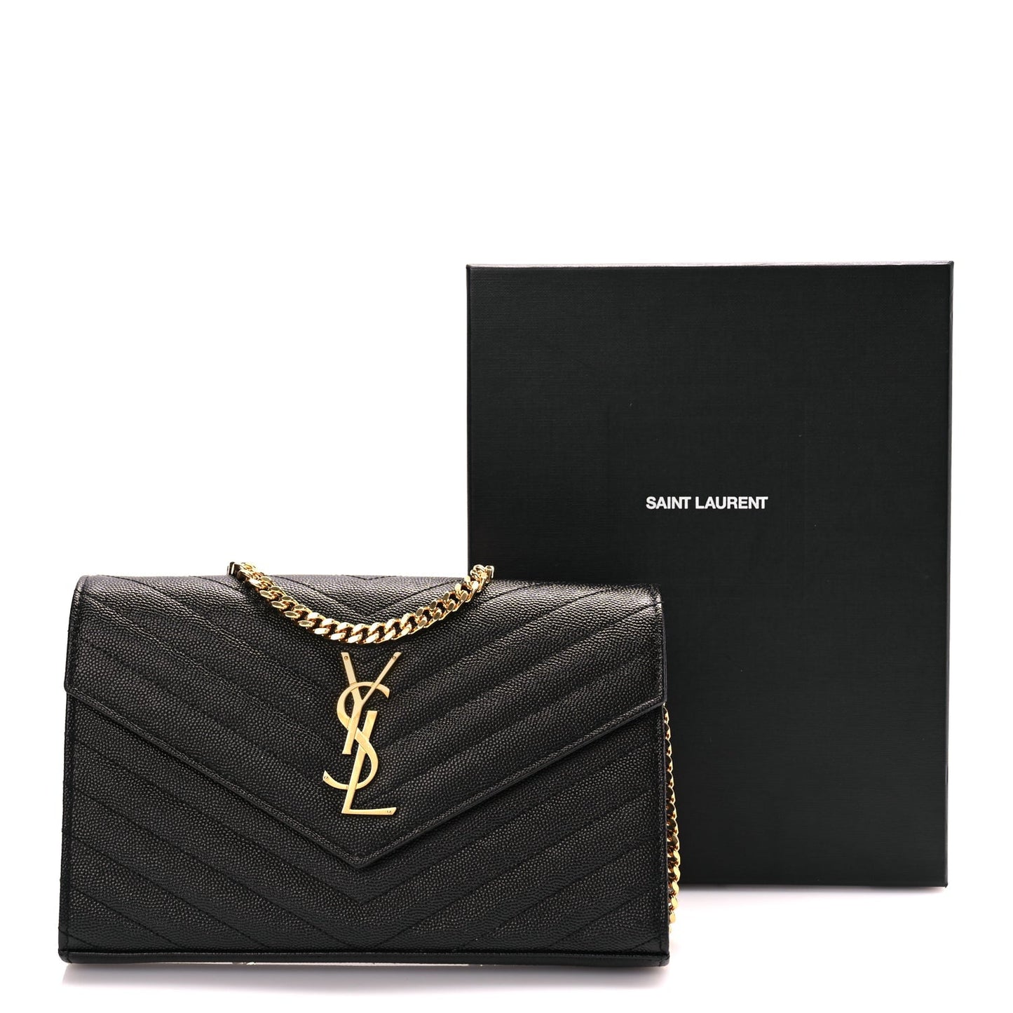 Saint Laurent Grain De Poudre Matelasse Chevron Monogram Chain Wallet Black