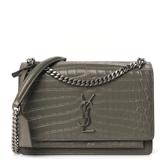 Saint Laurent Calfskin Crocodile Embossed Medium Monogram Sunset Fog