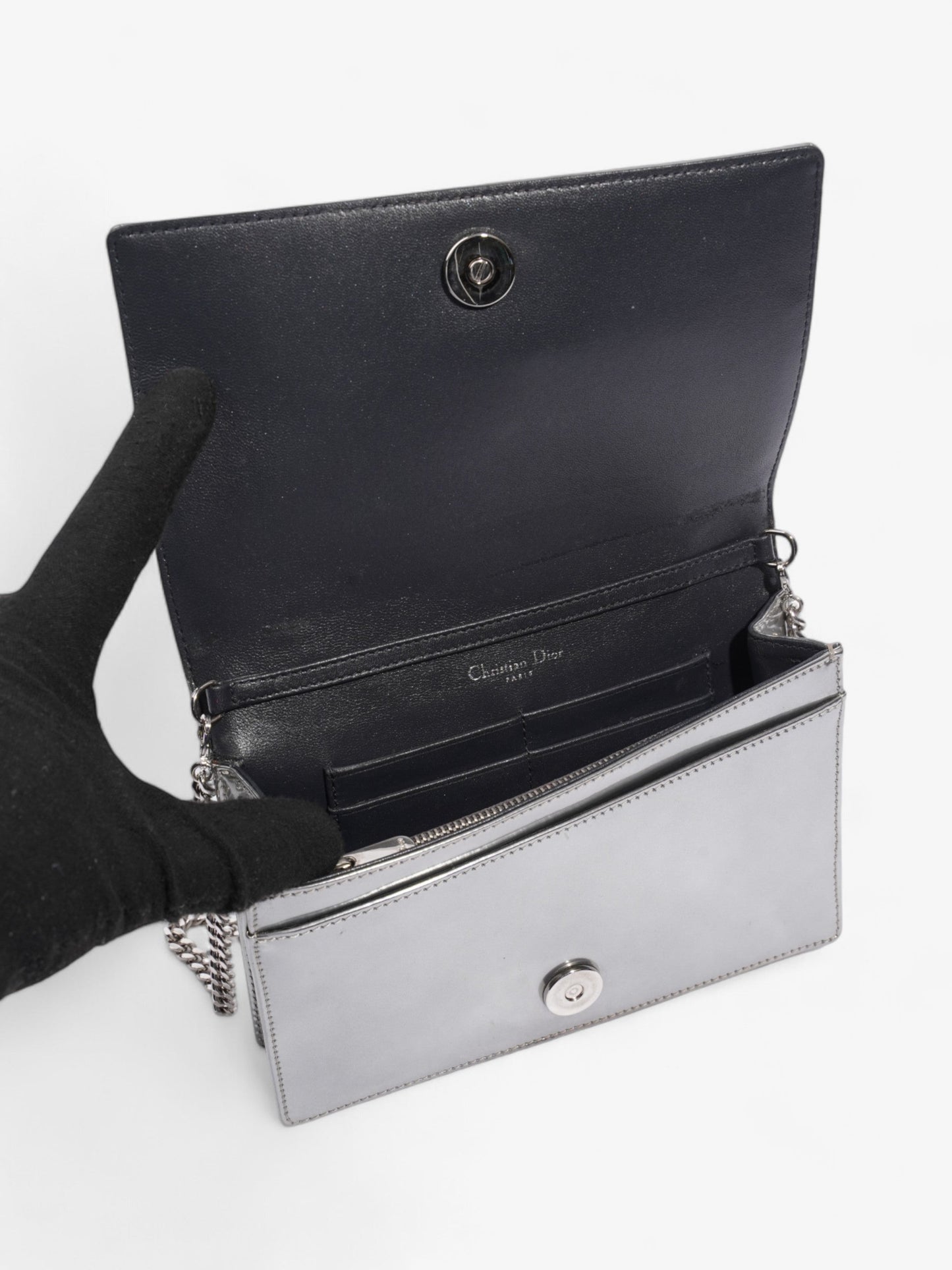 Christian Dior Diorama Wallet On Chain Silver Patent Leather