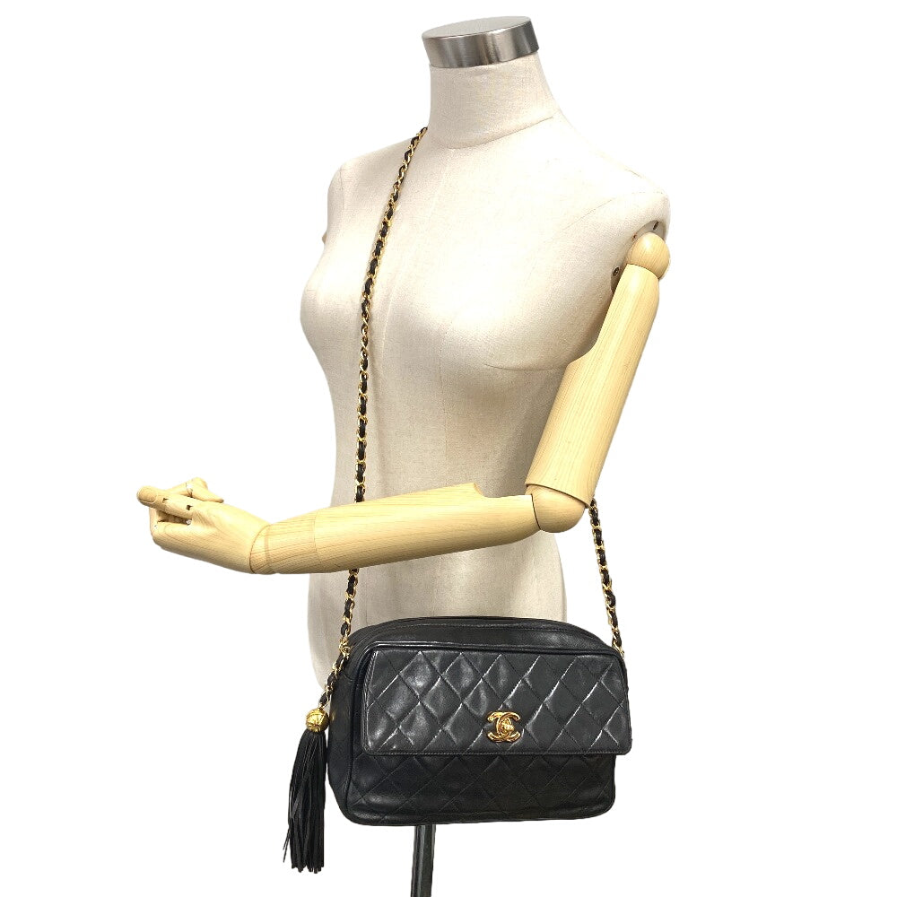 CHANEL Shoulder Bag lambskin black Turn lock COCO Mark Fringe Matrasse Women