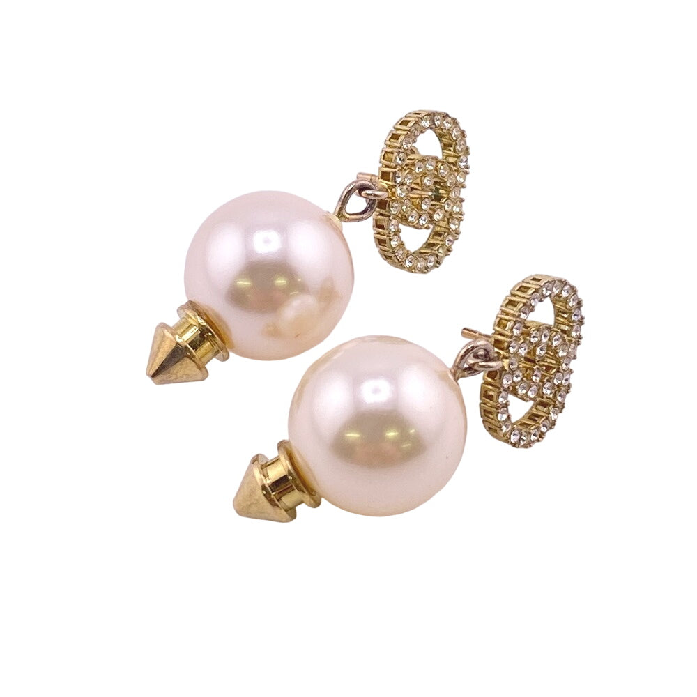 GUCCI Pierce Gold Plated, Faux Pearl, Rhinestone gold Rhinestone Interlocking G Women